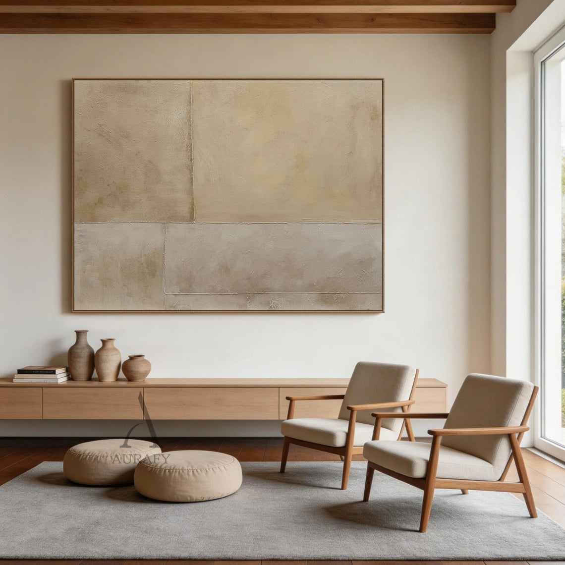 Square beige general abstract wabi-sabi canvas wall art, divided into 4 irregular rectangular blocks with layered neutral beige hues: upper sections in warm cream beige and light khaki, lower sections in cool muted grayish off-white. Full surface has micro cement/mineral plaster-like uneven textured finish with subtle mottled effect, rough raised raw-edge seams separate each block, soft organic tactile Japandi minimalist neutral wall decor for calm home spaces.