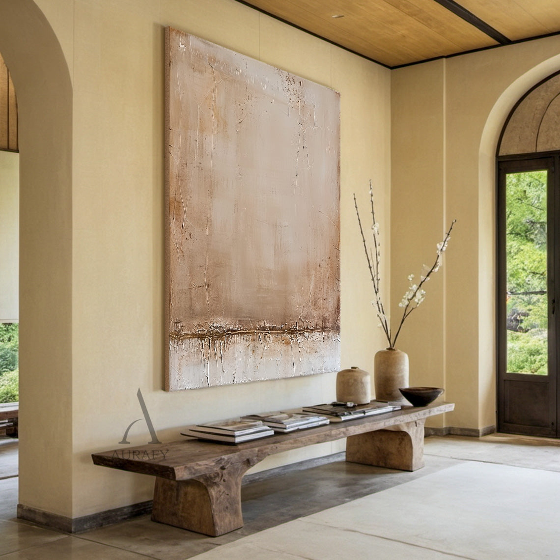 Beige wabi-sabi minimalist abstract wall art, warm neutral color palette integrates soft beige, light tan, off-white and warm earthy brown tones, the entire surface is covered with natural crackle textures, the edges present a distressed mottled vintage worn effect, there is a thick textured horizontal band at the bottom, no concrete figurative elements, with natural soft color gradient and embossed tactile surface, suitable for cream-style living room accent wall, minimalist bedroom headboard wall, bohemia