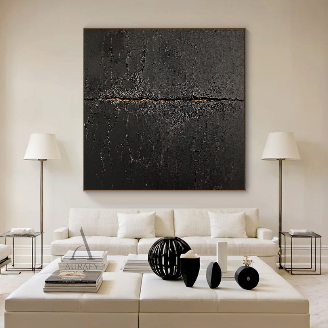 Black general abstract textured impasto canvas wall art AURA723, deep matte black surface with heavy crackle texture resembling aged cracked lacquer or charred earth, a rough horizontal split runs across the center of the piece with subtle warm earthy gold underlayer exposed, fine organic fissures spread out from the split, raw wabi-sabi tactile artwork for moody modern interior decor