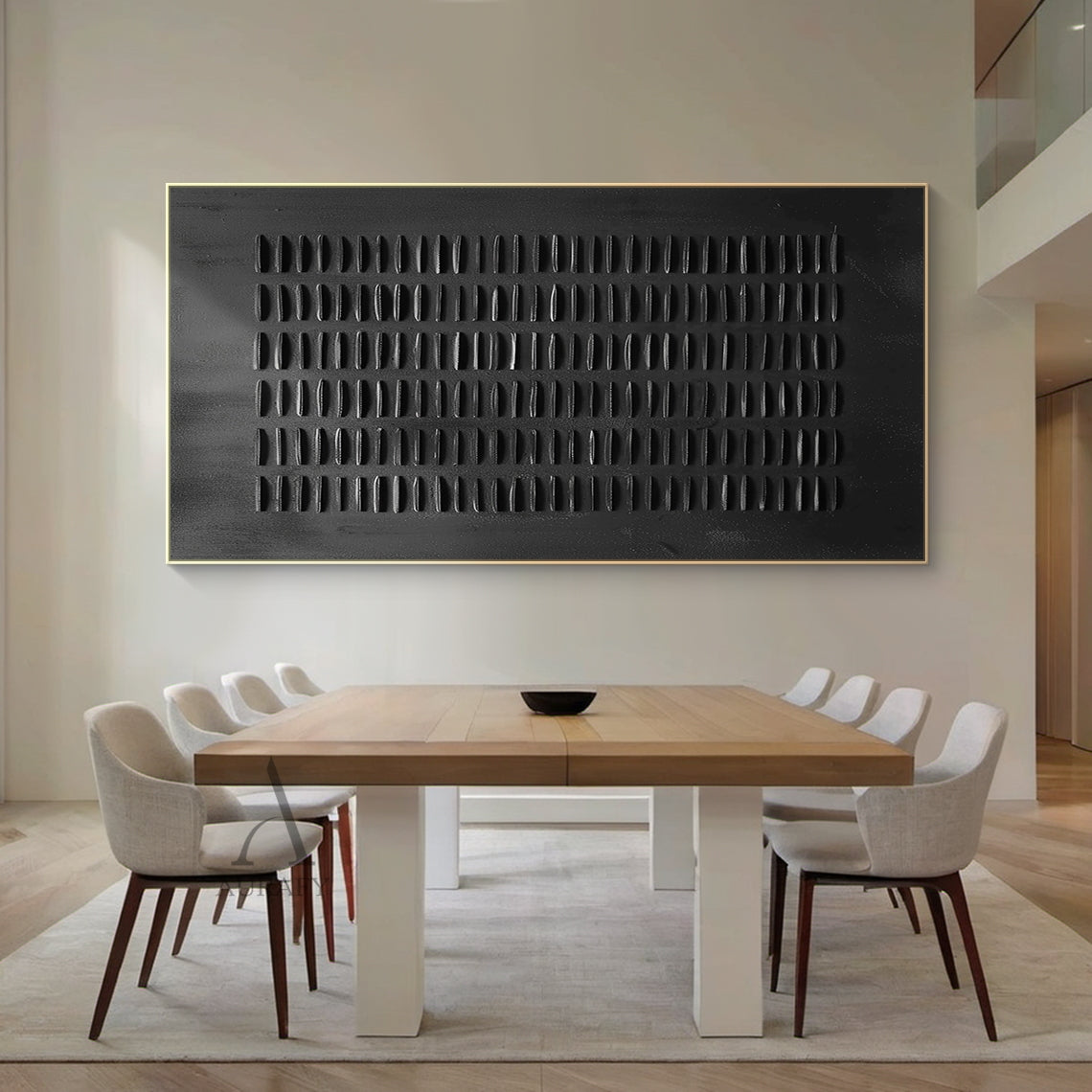 Black Minimalist Abstract Art (AURA602): Showcased as a striking focal point above a sleek wooden console table in a minimalist hallway with soft ambient lighting, this piece features embossed short horizontal lines arranged in vertical columns (20-25 parallel lines per column, evenly spaced) on a dark, worn textured background with subtle tonal variations (evoking aged metal or paper). The lines have a faint sheen, creating subtle contrast against the matte backdrop. This monochromatic artwork adds tactile