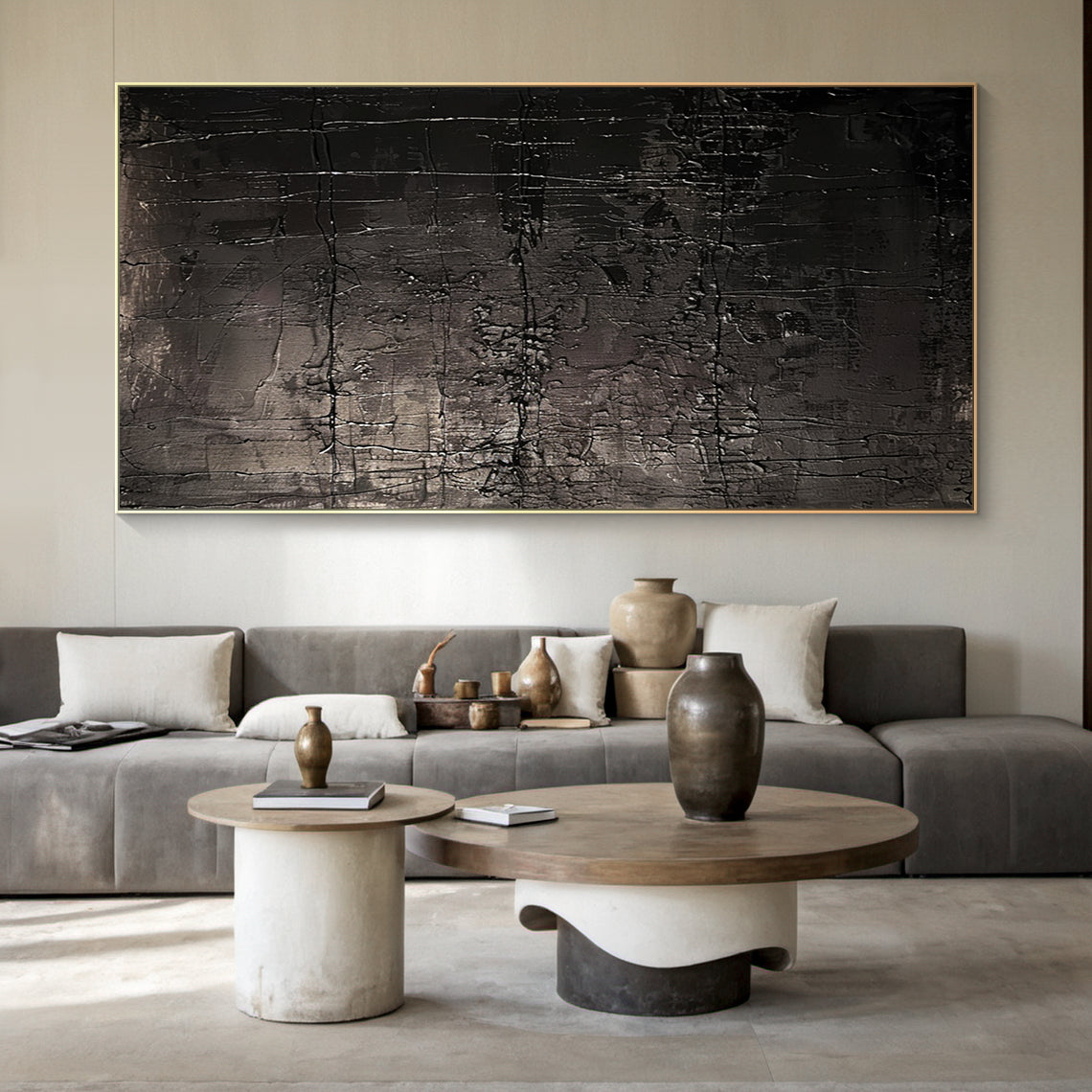 Black Abstract Art Modern Wabi-Sabi Canvas Wall Art (AURA192) - Impasto & Scraped Mottled Rough Tactile Texture with Thick Paint Layers and Crossed Horizontal/Vertical Lines. Displayed in a Serene Modern Wabi-Sabi Living Room with Wooden Beams, White Walls, Natural Light from Large Windows, Neutral Rug, and Rustic Decor. Ideal for Minimalist or Nature-Inspired Home Spaces to Add Artistic Tension.