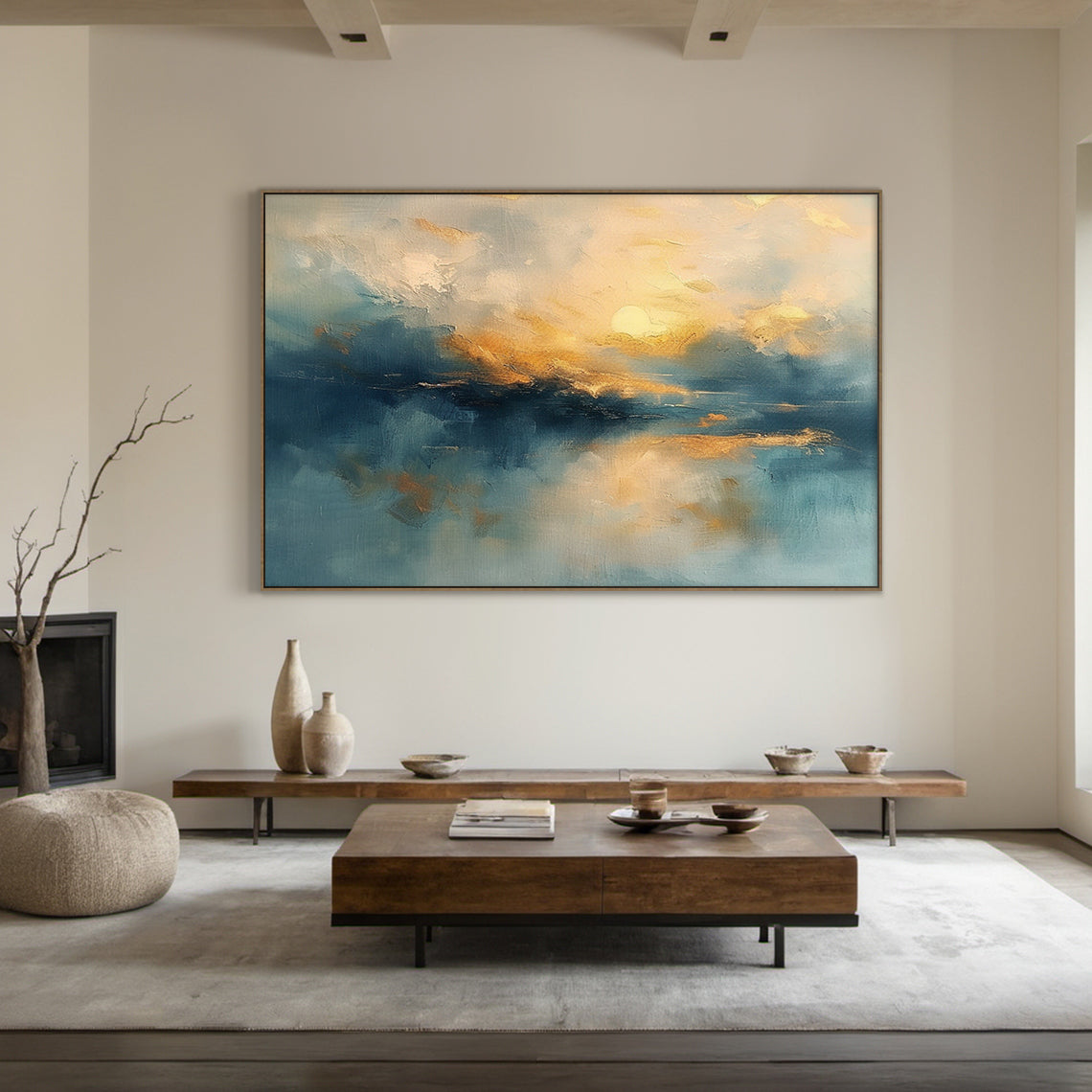 Semi-abstract impressionist coastal sunset landscape oil painting, handcrafted with thick impasto knife and brush strokes with visible paint texture. Features a hazy dawn/dusk waterscape: half-hidden pale golden sun peeking through soft clouds with warm gold, peach, off-white gradient; dark indigo inky blue blurry shoreline at horizon with gilded sunlit highlights; calm water reflecting sky light with layered blue shades from deep navy, slate blue to soft aqua, creating serene vast misty aesthetic with soft