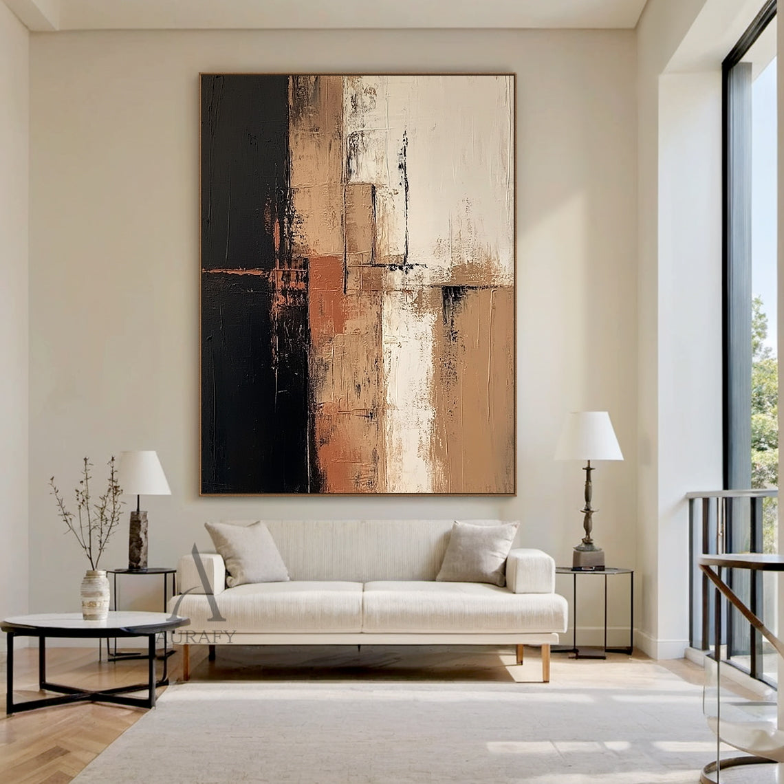 Abstract Brown Black Textured Canvas Art (AURA642) Styled Interior Matching Display, general abstract style artwork with layered irregular blocks of deep black, varying warm brown shades, soft off-white, subtle terracotta accents, divided by uneven dark lines. Thick impasto paint application, rough vertical brushstrokes, blurred feathered color transitions deliver a strong tactile, hand-painted textured visual effect, presented hung above a low-slung light wood Japandi console table paired with plain cerami