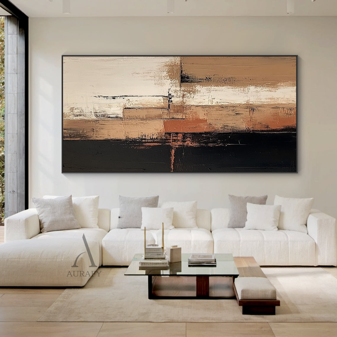 Abstract Brown Black Textured Canvas Art (AURA642), general abstract style artwork with layered irregular blocks of deep black, varying warm brown shades, soft off-white, subtle terracotta accents, divided by uneven dark lines. Thick impasto paint application, rough vertical brushstrokes, blurred feathered color transitions deliver a strong tactile, hand-painted textured visual effect, ideal for modern neutral, Japandi, minimalist interior decor.