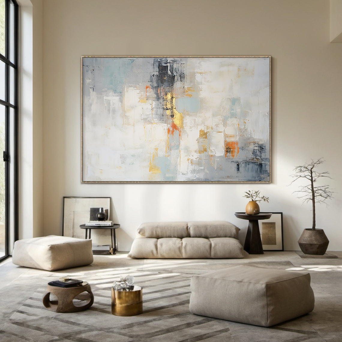 AURA187 Abstract Wall Art with Tactile 3D Plaster Impasto Texture | Modern Minimalist Luxe Design featuring Soft Gray-Blues, Neutral Beige/Ivory, Warm Orange Accents & Hand-Applied Gold Leaf. Ideal for Contemporary Living Room Statement Piece, Scandi Entryway Focal Point, or Cozy Reading Corner—Adds Understated Opulence & Visual Depth to Serene Spaces. Perfect for Scandi, Modern Luxe or Bohemian Minimalist Interiors to Elevate Sophisticated Style with Calming Blue-Neutral Palette.