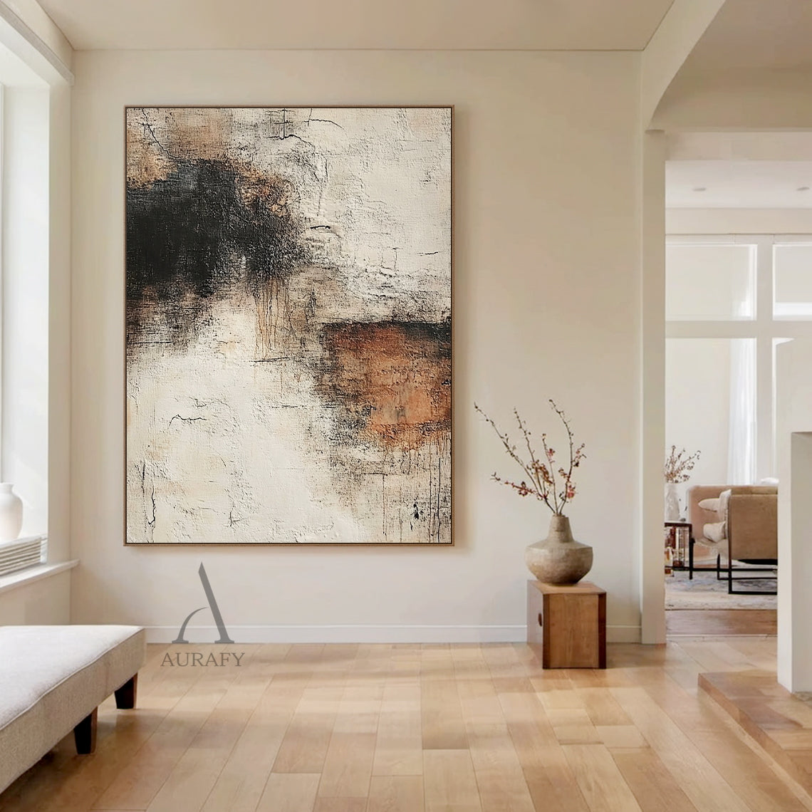 Wabi-sabi inspired abstract textured wall art in soft beige and warm earthy brown hues, crafted with thick impasto plaster finish, featuring organic crackle textures, hand-scratched linear details, uneven rough brushstrokes and dark brown to black gradient decorative accents, this minimalist abstract wall decor piece is perfect for neutral living rooms, Japandi entryways, minimalist home offices and modern quiet luxury home styling scenarios.