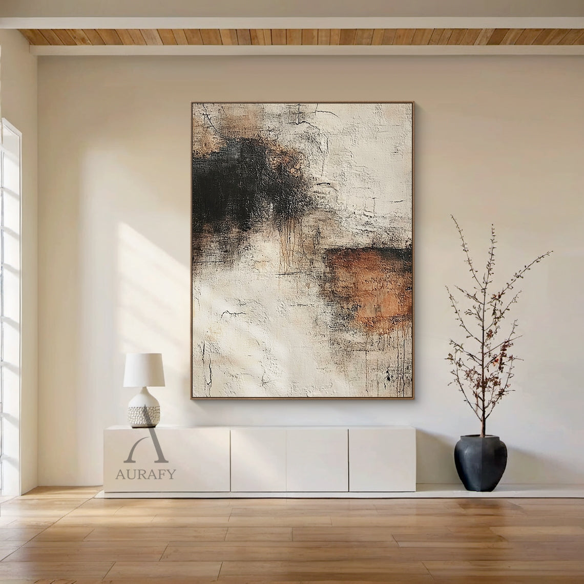 Abstract textured wall art in muted beige and warm brown earth tones, thick impasto plaster surface with visible crackle details, scratch lines, rough brush strokes and dark brown/black gradient accents, wabi-sabi inspired general abstract artwork for neutral home decor, Japandi living room and minimalist interior spaces.