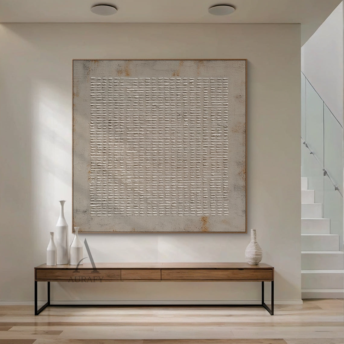 General abstract gray high-relief impasto grid wall art, handcrafted raised off-white irregular woven-style grid strokes on muted textured gray background, with subtle rust brown weathered accents at edges. Textural minimalist industrial wabi-sabi artwork suitable for Japandi, neutral modern home and office decor, product code AURA405.
