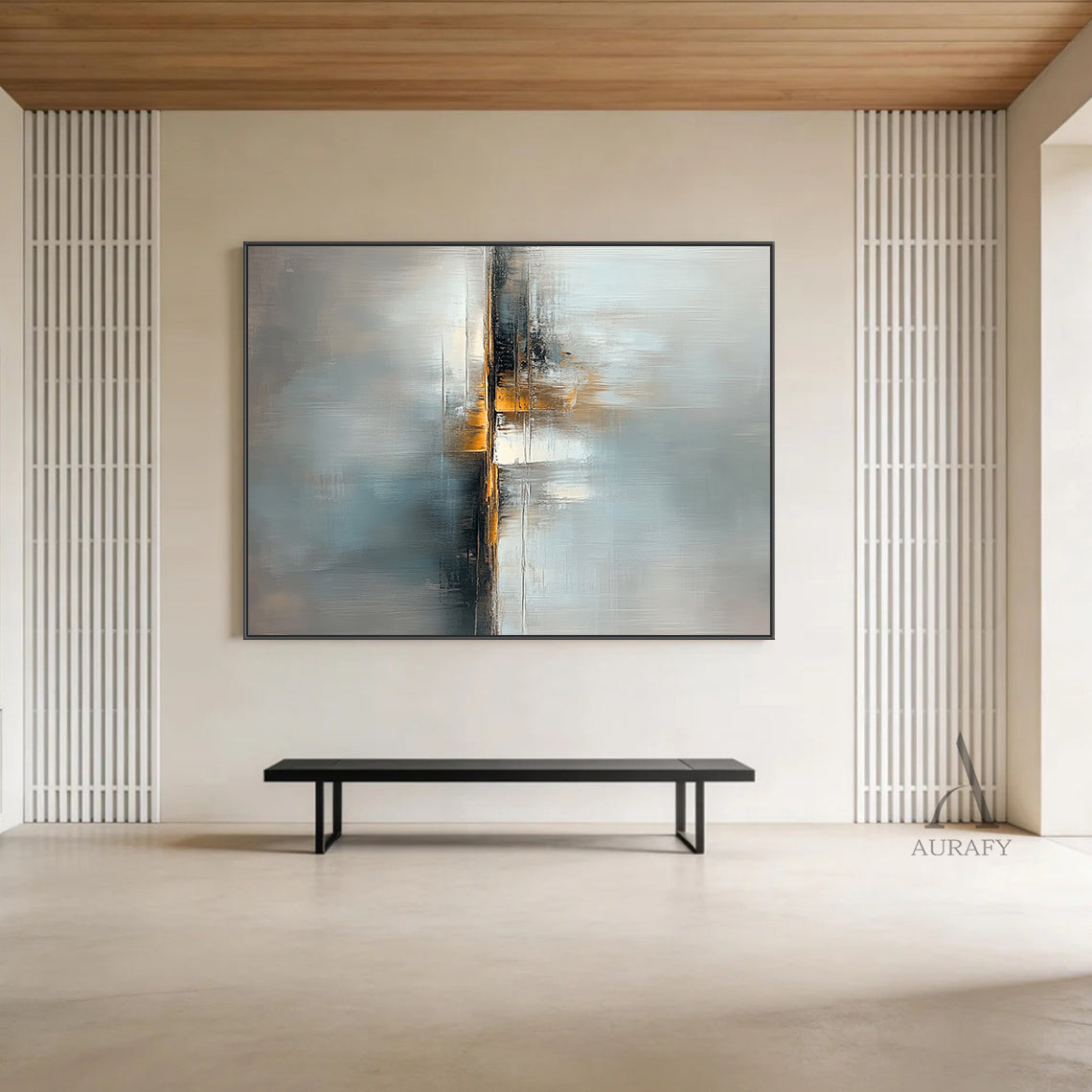 AURA358 Gray General Abstract Wall Art - Muted charcoal & silver tones with subtle warm golden accents, 3D tactile surface, raised vertical brushstrokes. Perfect as a modern entryway statement piece, Scandinavian dining room accent, or boho-chic reading nook centerpiece—serene contemporary design with Wabi-sabi influences. This abstract work features layered gray hues, a reflective-like lower section, and intentional brushwork that brings movement and depth, ideal for infusing calm sophistication into curat