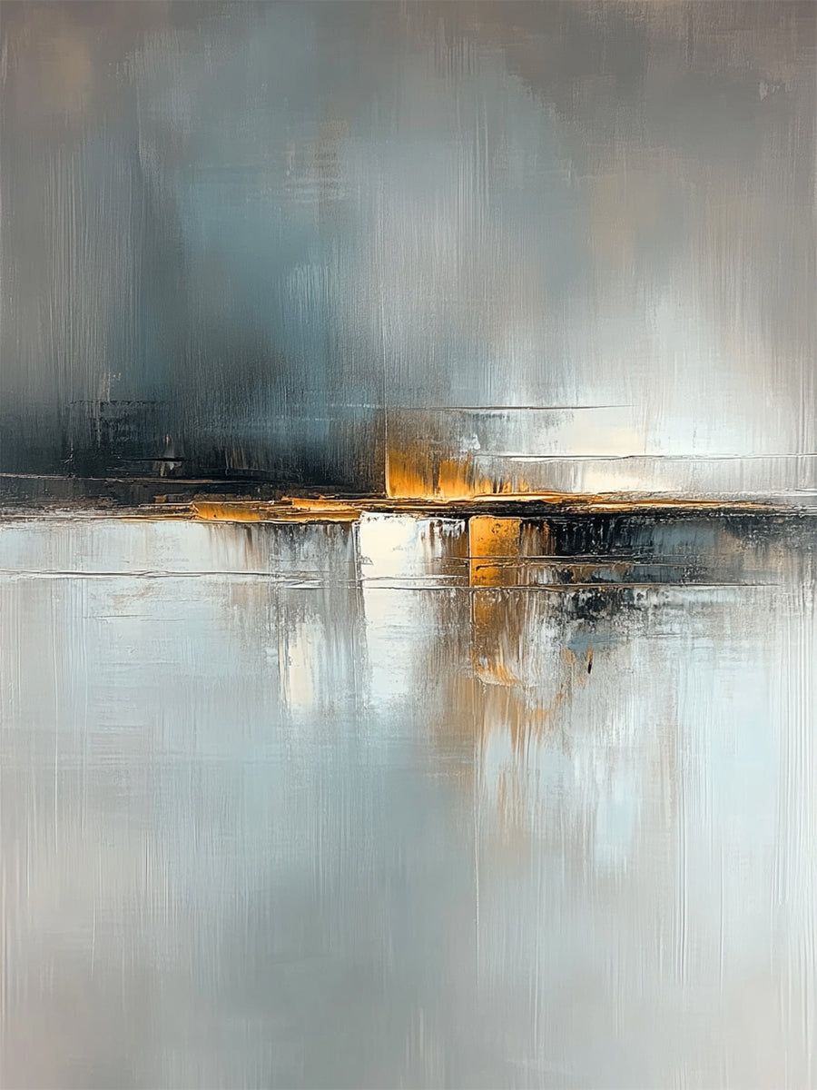 AURA358 Gray General Abstract Wall Art - Muted charcoal & silver tones with subtle warm golden accents, 3D tactile surface, raised vertical brushstrokes. Perfect as a minimalist living room focal point, industrial office corner statement piece, or farmhouse-style bedroom accent—serene contemporary design with Wabi-sabi influences. This abstract work features layered gray hues, a reflective-like lower section, and intentional brushwork that brings movement and depth, ideal for infusing calm sophistication in