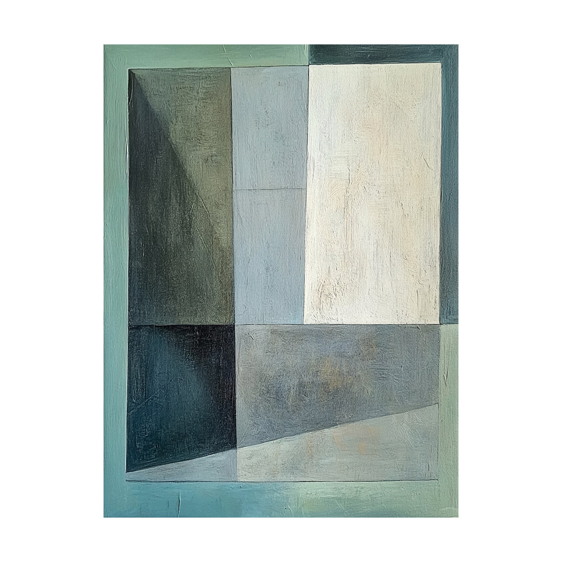 Geometric abstract hand-painted oil painting with distinct tactile brushstroke texture, composed of irregular rectangular and asymmetrical color blocks in layered light green, dark green, warm beige, muted gray-blue, dark gray and light gray. Blocks are separated by clear straight and slanted lines, features a low-saturation earthy color palette and well-balanced visual layout, conveys a minimalist calm aesthetic, this display shot shows it hung above the off-white fabric sofa of a Japandi living room as ba