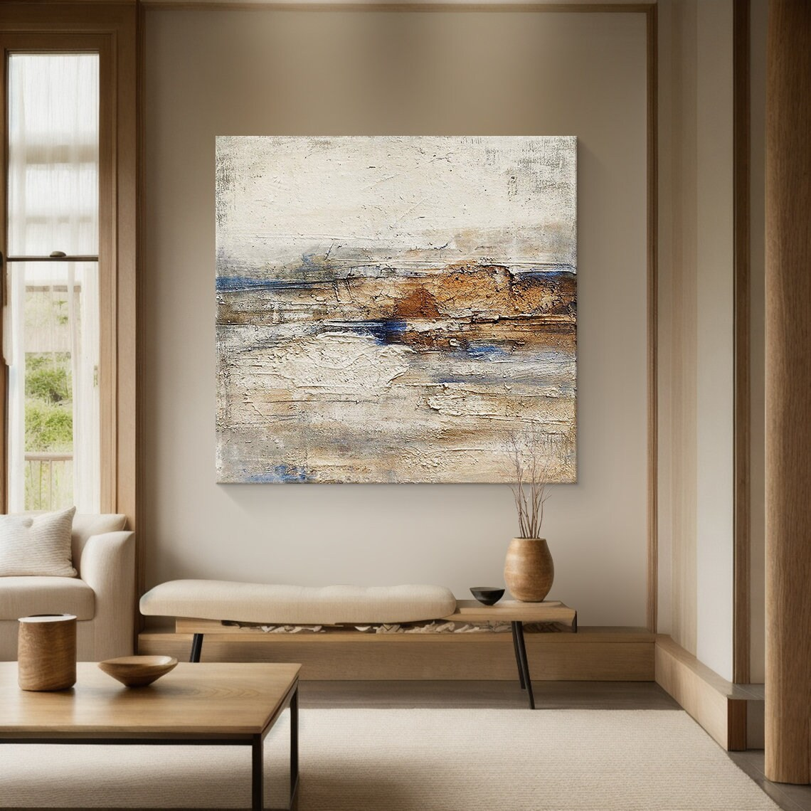 General Abstract High-Relief Impasto Artwork AURA206 - Tactile Sculpted Surface with Neutral Tones (Beige, Cream, Terracotta) & Black/Deep Blue Accents. Ideal for Modern Living Room, Minimalist Bedroom, or Luxury Entryway Interior. Wabi-sabi Inspired Thick Layered Strokes for Contemporary Wall Art. SKU: AURA206.
