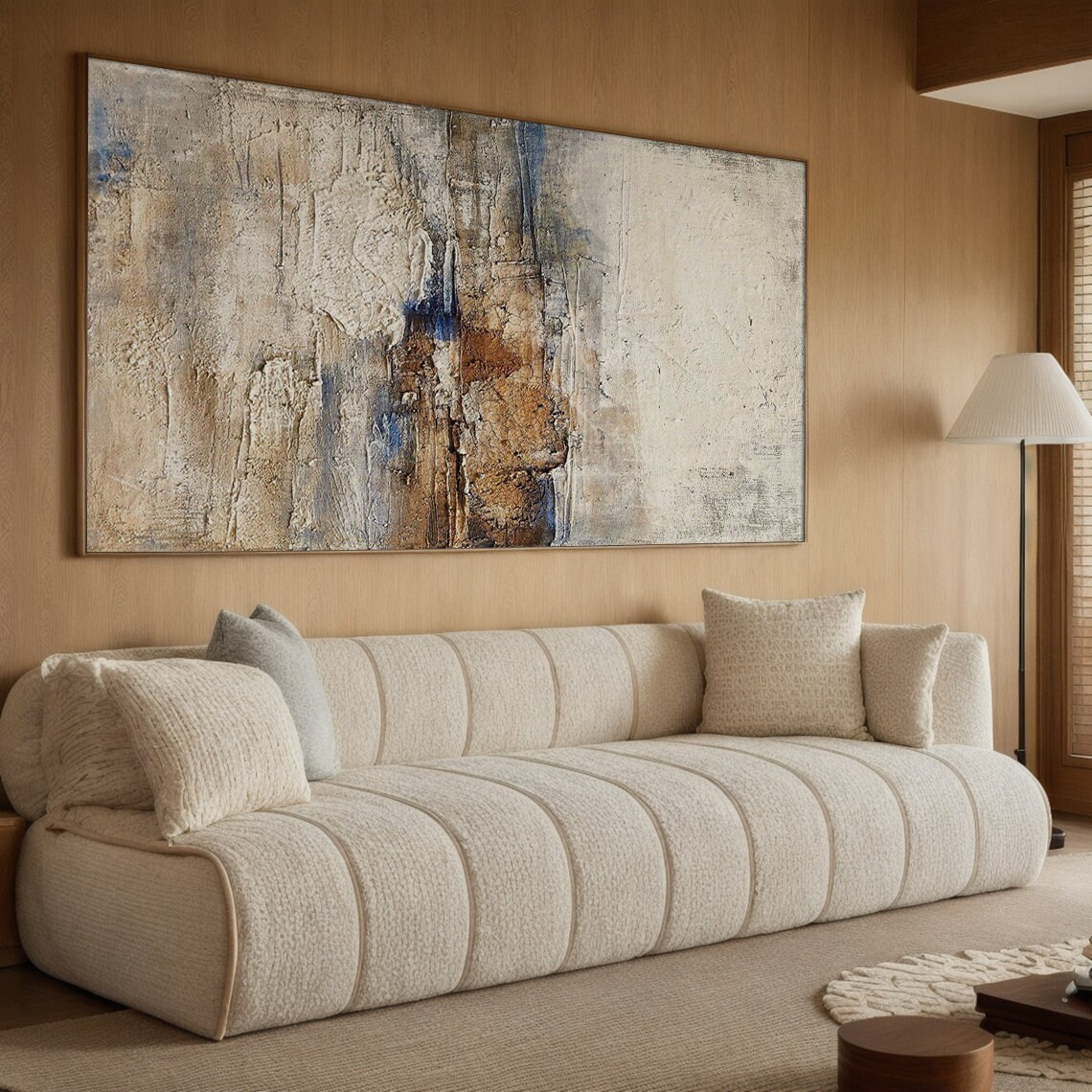 General Abstract High-Relief Impasto Artwork AURA206 - Tactile Sculpted Surface with Neutral Tones (Beige, Cream, Terracotta) & Black/Deep Blue Accents. Ideal for Japandi Living Room, Minimalist Bedroom, or Modern Organic Home Decor. Wabi-sabi Inspired Thick Layered Strokes for Contemporary Wall Art. SKU: AURA206.