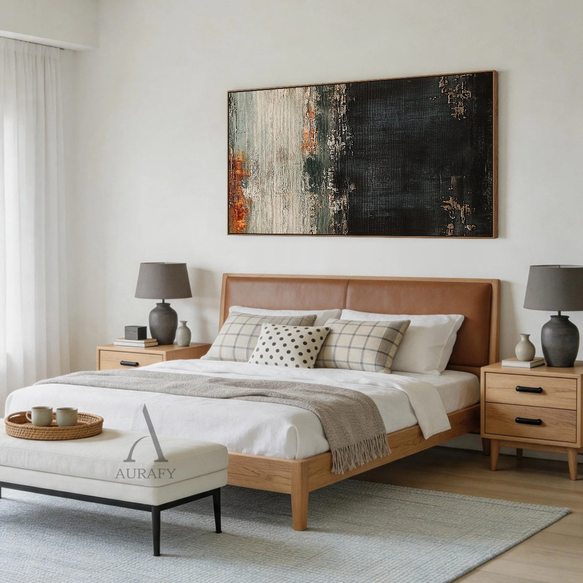 AURA412 General Abstract Black Beige Canvas Wall Art | Wabi-sabi inspired with 3D impasto texture, cracked peeling layers, deep black base, soft beige hues & subtle warm rust accents. Raw canvas undertones. Perfect for scandinavian dining space, bohemian reading corner, or contemporary hallway decor.