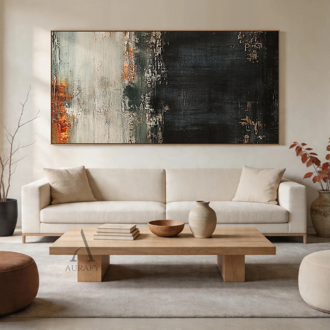 AURA412 General Abstract Black Beige Canvas Wall Art | Wabi-sabi inspired with 3D impasto texture, cracked peeling layers, deep black base, soft beige hues & subtle warm rust accents. Raw canvas undertones. Perfect for Japandi living room, minimalist bedroom or modern office decor.