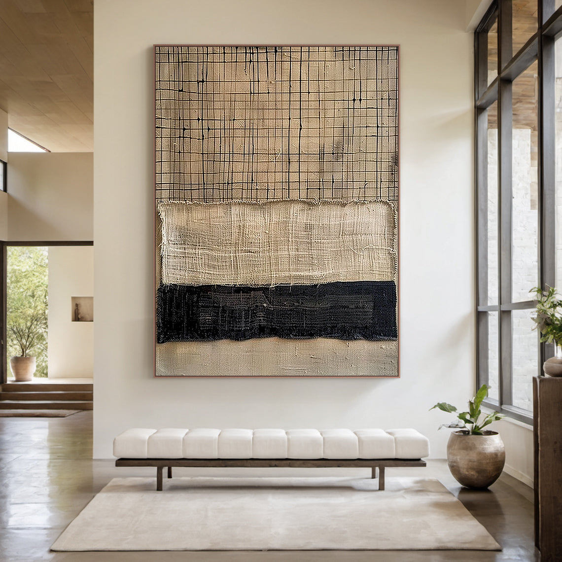Large General Abstract Canvas Art with Thick Impasto Tactile Texture - Warm Brown, Beige, Dark Brown Hues & Subtle Blue Accents. Showcased in Scandi Minimalist Living Room: Light Oak Floors, White Walls, Neutral Linen Sofa with Cream Cushions, Geometric Beige-Grey Rug. Left: Wooden Side Table + Ceramic Vase with Dried Pampas Grass; Right: Floor Lamp with Natural Fiber Shade + Small Potted Fiddle Leaf Fig. Minimalist Luxe AURA200 Art for Contemporary Living Room, Neutral Interior Decor.