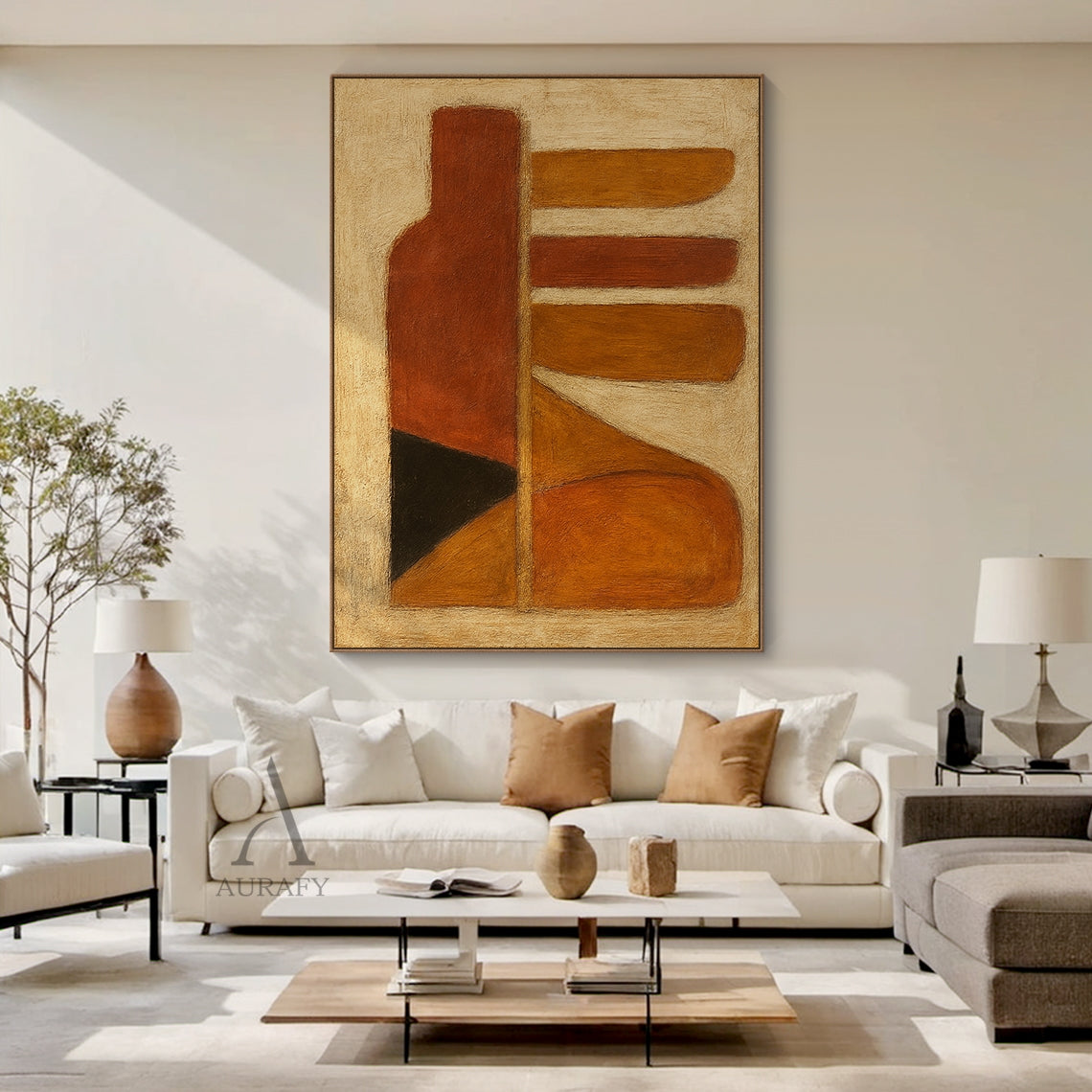 Handcrafted general abstract brown wall art with tactile brushstroke texture, organic geometric composition. Left side features a vertical bottle-shaped silhouette in deep rust red-brown, matched with black and orange-brown triangular blocks at the base. Right side contains rounded horizontal strips in warm amber, rust and brown tones plus curved orange-brown blocks, set against a muted off-white textured background. Warm minimalist wall decor for modern, Japandi home spaces, SKU AURA640.