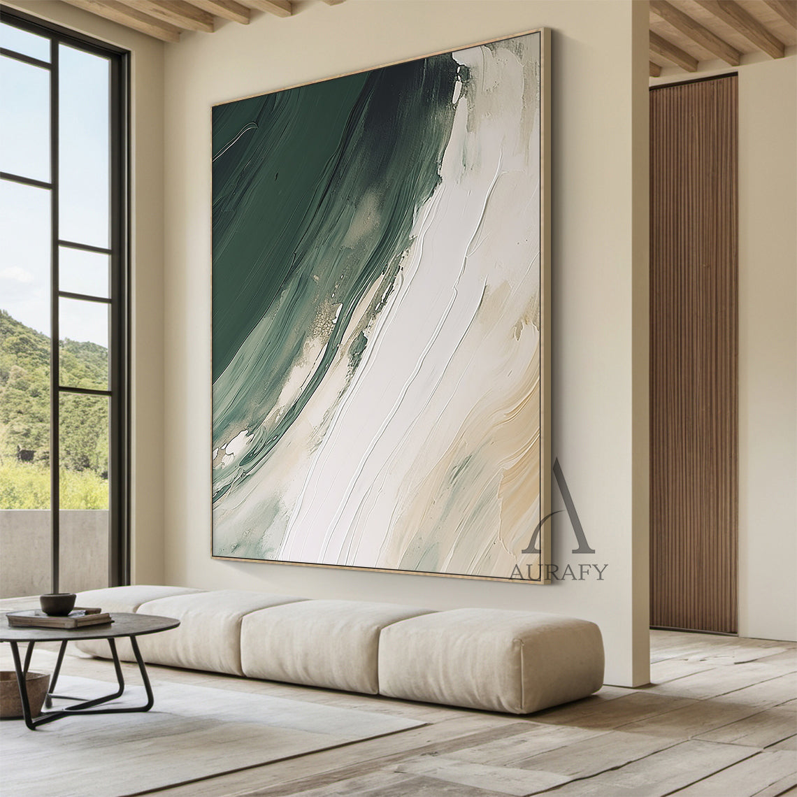 Modern abstract art with fluid green layers spanning forest to sage hues, paired with thick impasto knife strokes on a crisp white/off-white backdrop. Tactile texture from palette knife techniques, natural color transitions, and subtle textured details—crafting a dynamic yet serene ambiance. Ideal for bohemian bedroom accent, Scandinavian home office focal point, contemporary entryway decor, or layered gallery wall display. Brand: AURAFY (AURA489)