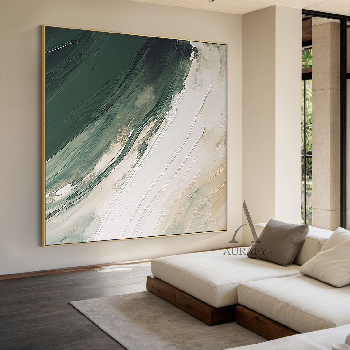 Modern abstract art with fluid green layers spanning forest to sage hues, paired with thick impasto knife strokes on a crisp white/off-white backdrop. Tactile texture from palette knife techniques, natural color transitions, and subtle textured details—crafting a dynamic yet serene ambiance. Ideal for bohemian bedroom accent, Scandinavian home office focal point, contemporary entryway decor, or layered gallery wall display. Brand: AURAFY (AURA489)