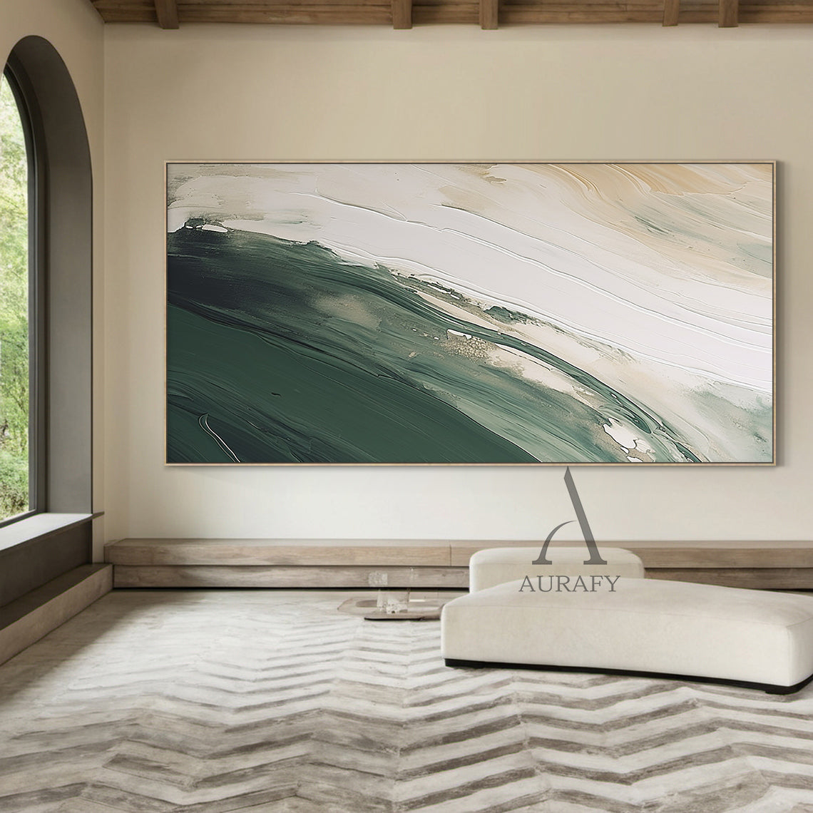 Modern abstract art with fluid green layers spanning forest to sage hues, paired with thick impasto knife strokes on a crisp white/off-white backdrop. Tactile texture from palette knife techniques, natural color transitions, and subtle textured details—crafting a dynamic yet serene ambiance. Ideal for bohemian bedroom accent, Scandinavian home office focal point, contemporary entryway decor, or layered gallery wall display. Brand: AURAFY (AURA489)