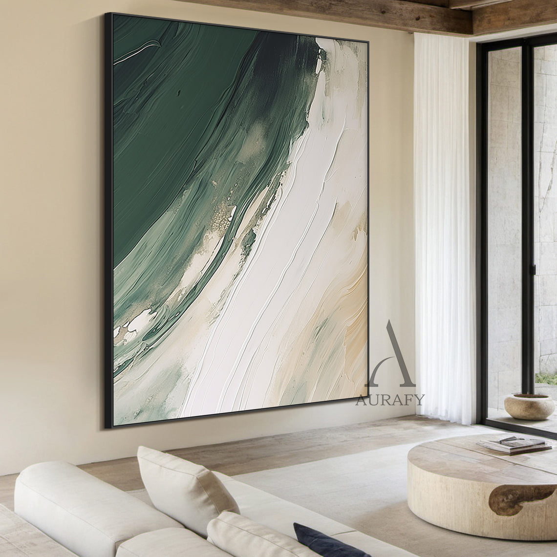 Modern abstract art with fluid green layers spanning forest to sage hues, paired with thick impasto knife strokes on a crisp white/off-white backdrop. Tactile texture from palette knife techniques, natural color transitions, and subtle textured details—crafting a dynamic yet serene ambiance. Ideal for Scandinavian living room sofa backdrop, minimalist dining area statement piece, Japandi study wall decor, or curated gallery wall addition. Brand: AURAFY (AURA489)