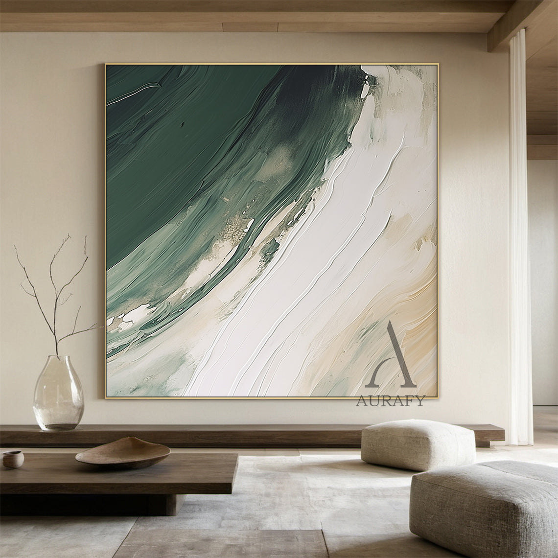 Modern abstract art with fluid green layers spanning forest to sage hues, paired with thick impasto knife strokes on a crisp white/off-white backdrop. Tactile texture from palette knife techniques, natural color transitions, and subtle textured details—crafting a dynamic yet serene ambiance. Ideal for Scandinavian living room sofa backdrop, minimalist dining area statement piece, Japandi study wall decor, or curated gallery wall addition. Brand: AURAFY (AURA489)