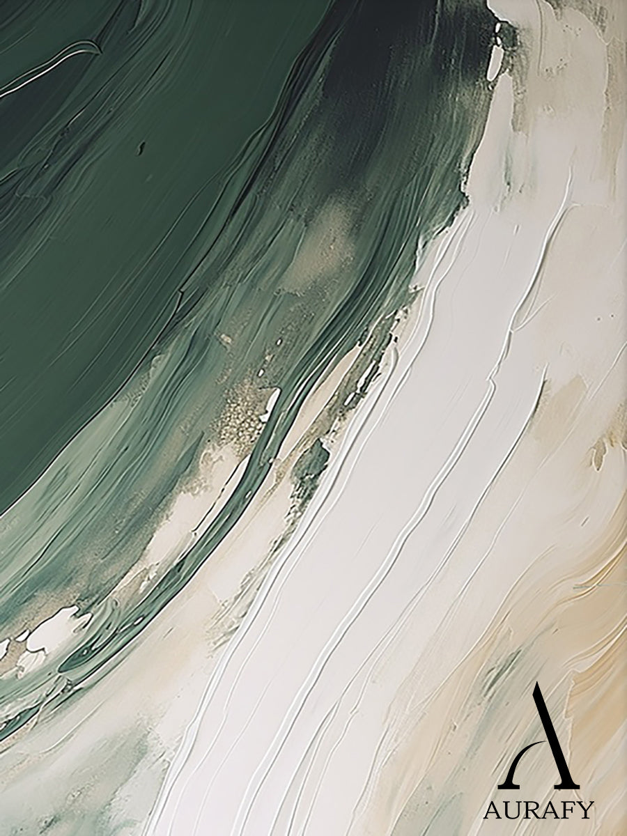 Modern abstract art with fluid green layers spanning forest to sage hues, paired with thick impasto knife strokes on a crisp white/off-white backdrop. Tactile texture from palette knife techniques, natural color transitions, and subtle textured details—crafting a dynamic yet serene ambiance. Ideal for Scandinavian living room sofa backdrop, minimalist dining area statement piece, Japandi study wall decor, or curated gallery wall addition. Brand: AURAFY (AURA489)