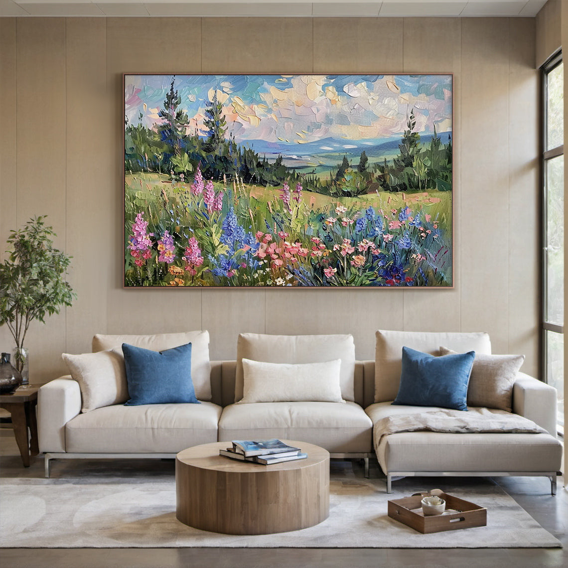 Impasto palette knife impressionism oil painting, alpine mountain landscape artwork. Foreground has gravelly alpine stream bank dotted with bright yellow marigolds, pale purple cornflowers, milky white anemones and fluffy green fern fronds. Middle ground features winding ice-blue glacial melt stream flanked by dense dark green fir forests and scattered rustic wooden cabins on gentle slopes. Background is snow-dusted layered blue-grey mountain peaks, pale cyan sky with soft orange-pink sunset glow wispy clou