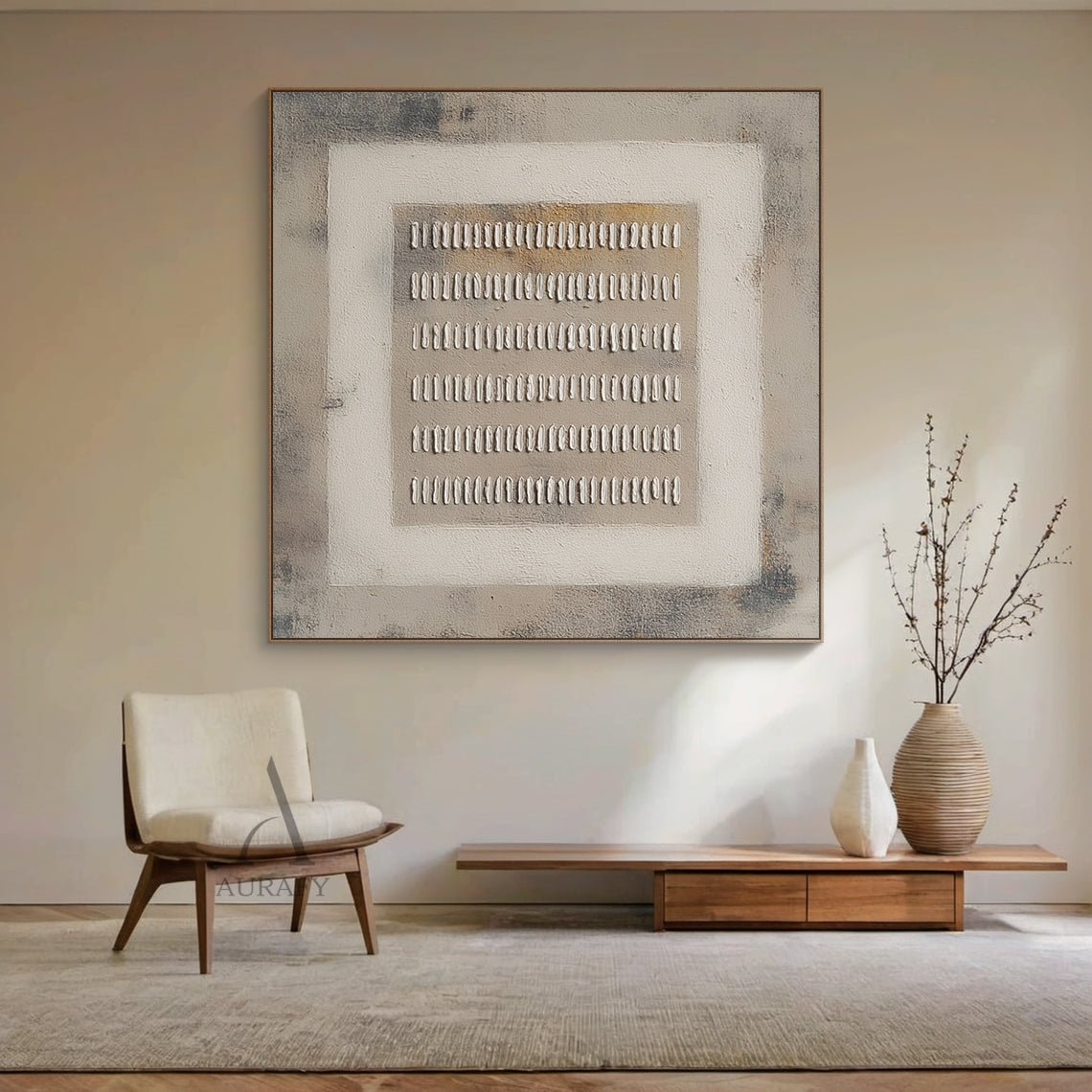 Gray General Abstract high-relief plaster wall artwork AURA627 (entryway installation scene display), features the consistent signature nested three-layer geometric structure: mottled textured dark gray outer background, light off-white square middle border, light brown-gray core base, installed on a wabi-sabi style light beige textured paint accent wall at the home entryway, next to a light oak floating shelf decorated with plain linen fabrics and matte ceramic ornaments. 6 rows of handcrafted irregular ra