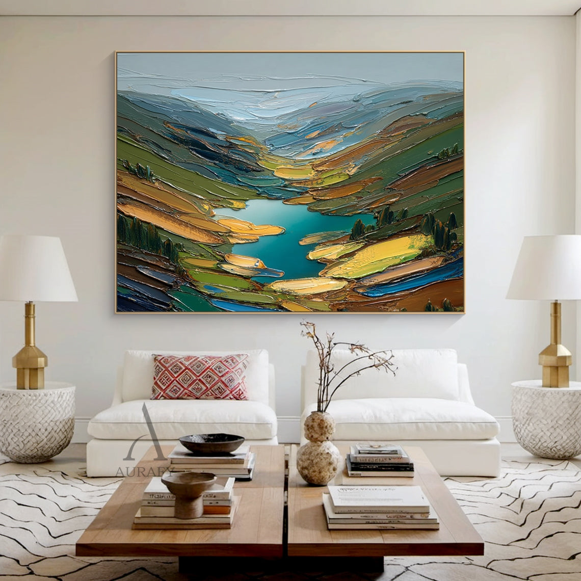 Green impasto semi-abstract landscape oil painting handcrafted with palette knife thick strokes, depicting rolling alpine foothill stream scenery: hazy mist-wreathed rolling distant ridges in light blue and muted gray at the top, vibrant teal winding mountain stream as the core visual focal point in the center, sloped sides dotted with multi-toned green coniferous forests, soft lime green wild meadows, taupe bare rock slopes and warm golden sunlit shrub patches. Thick pigment stacking creates rich tactile t