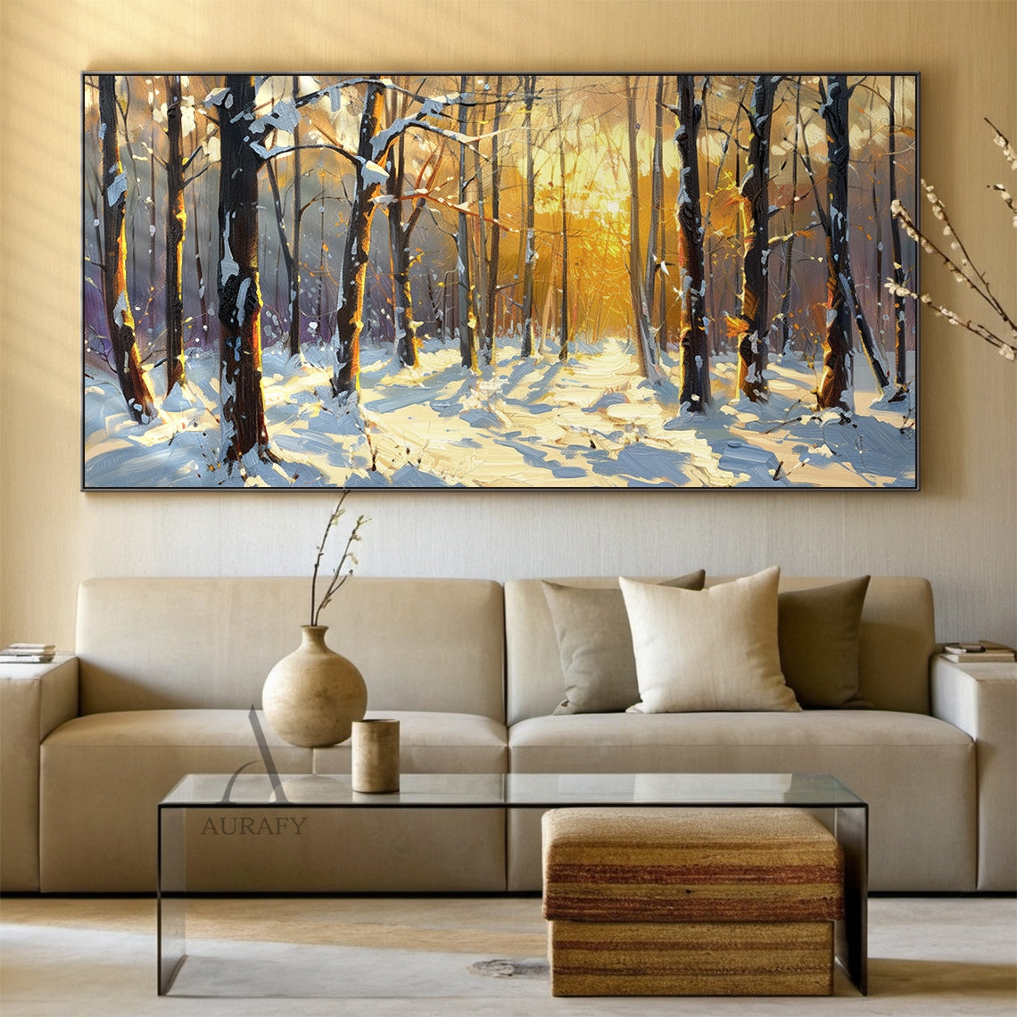 Impasto textured impressionist oil painting, winter snow-capped mountain cabin landscape on a crisp clear post-snow afternoon. Bright cool winter sunlight spills over the smooth snow-covered rolling mountain ridges, filtering through snow-laden pine boughs to fall on the rough log walls of the cozy cabin tucked at the mountain foot, powdery pristine snow blankets the cabin roof edges and the frozen small stream winding past the cabin yard, short crisp pale blue shadows stretch across the glistening sunlit s