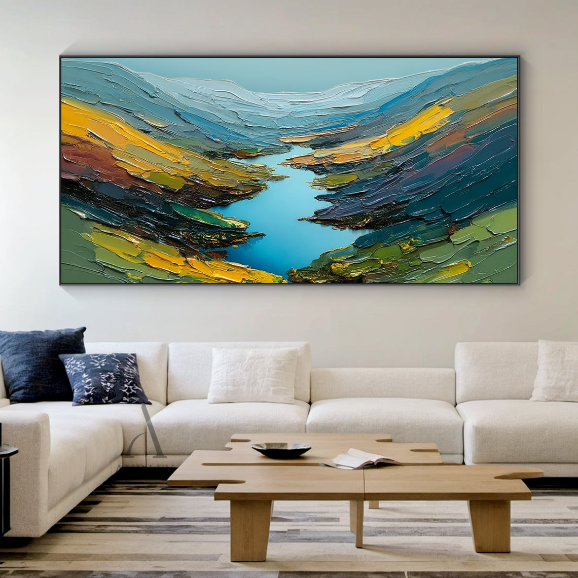 Impasto palette knife textured mountain landscape oil painting, vertical modern wall art. It presents a sunlit alpine view from the valley overlook perspective, snow-dusted pale slate blue peaks peek through soft wispy clouds under the hazy pastel sky, undulating hills covered in warm golden ochre, earthy olive green, deep pine green and russet terracotta tones stretch across the valley floor to the base of the peaks, the whole canvas is covered in thick raised tactile impasto texture, with a dominant tranq
