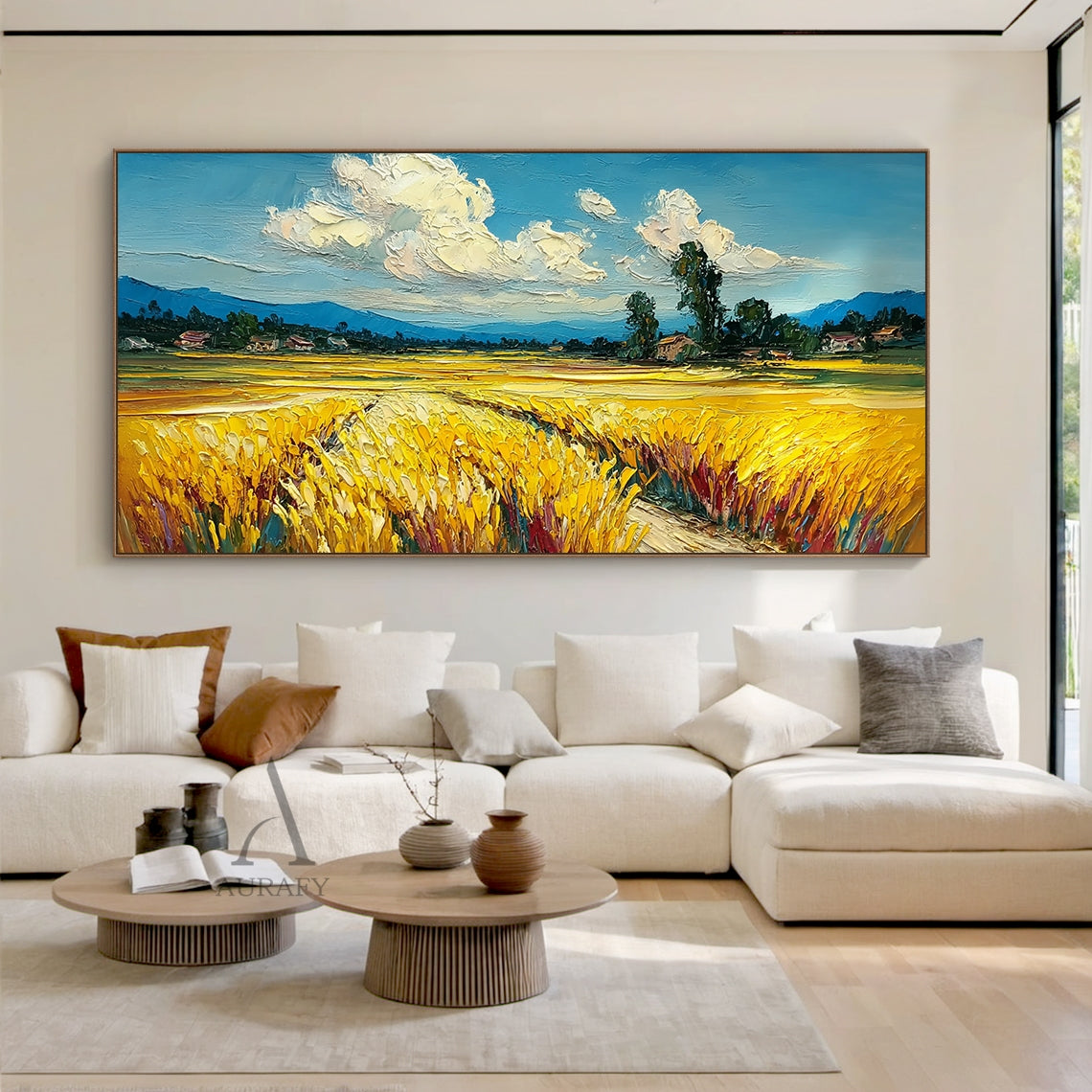 Impasto textured hand painted oil painting wall art canvas, impressionist rural harvest landscape. Features thick raised paint strokes: foreground with swaying plump golden wheat ears fluttering with tiny white butterflies, clusters of bright wild daisies dotted along the rough dirt field ridge, midground with straw-hatted farmers busy with harvesting beside weathered wooden carts, brown goats grazing tied to the gurgling shallow stream bank, neat rows of silver poplar trees rustling with glinting silver le