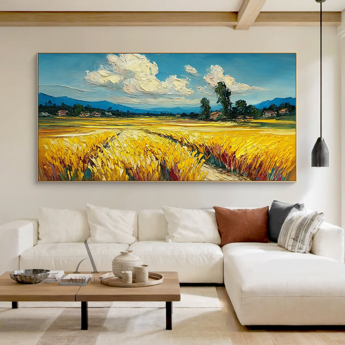 Impasto textured hand painted oil painting wall art canvas, impressionist rural harvest landscape. Features thick raised paint strokes: foreground with heavy drooping ripe golden wheat ears and wild poppies dotted along the narrow field ridge, midground with scattered sun-baked hay stacks, weathered countryside farmhouses by a gurgling shallow stream and neat rows of silver poplar trees, background with hazy soft lilac mountain ranges and warm sunset glow dyed tangerine sky dotted with fluffy amber-edged cu