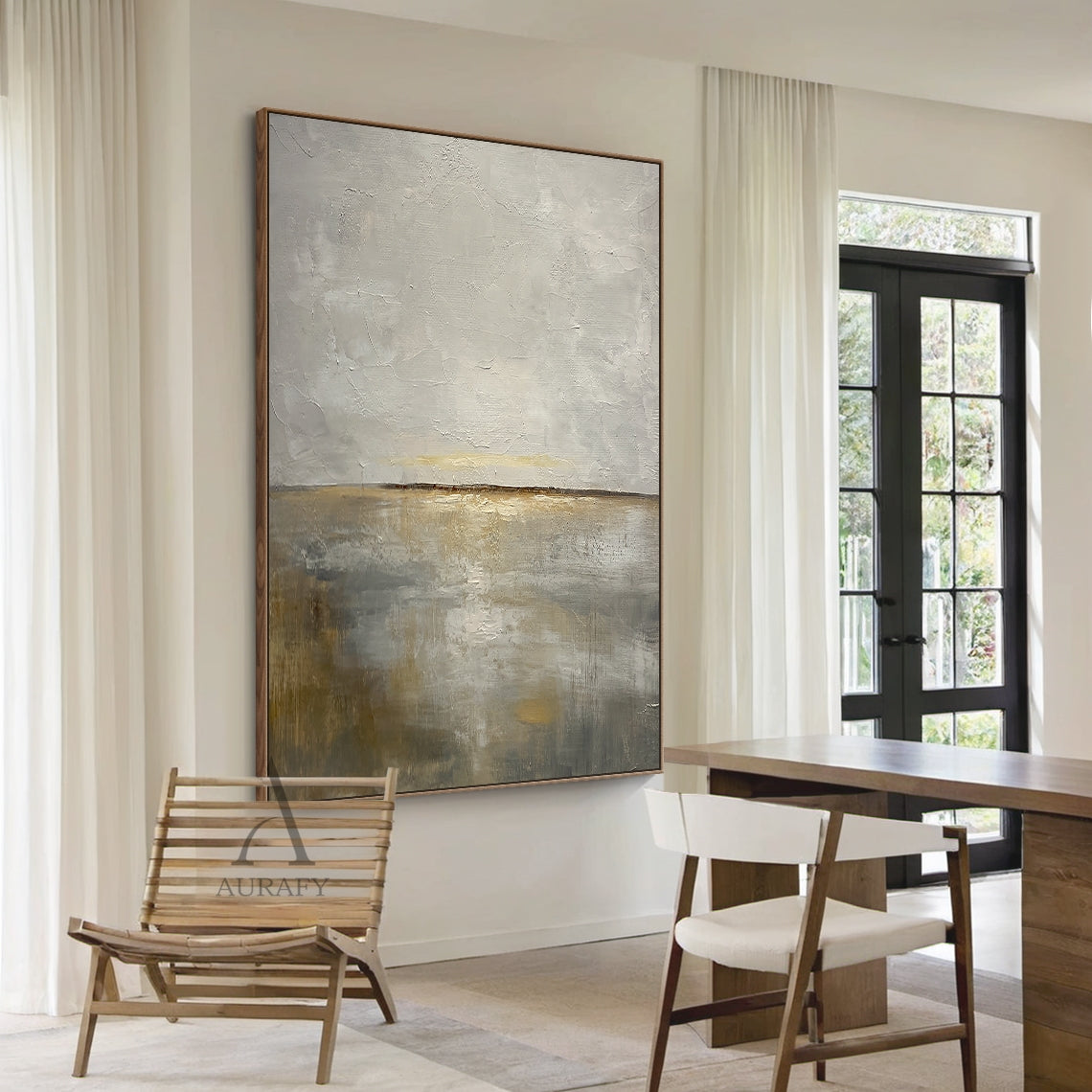 General abstract Japandi style palette knife impasto canvas wall art AURA625, with layered soft gray tones in upper section mimicking misty sky, warm beige and subtle golden ochre blended lower area evoking calm dawn shore, thin dark horizon line divides the neutral composition, thick raised textured strokes deliver rich tactile sense, ideal for modern Nordic minimalist interior decor.