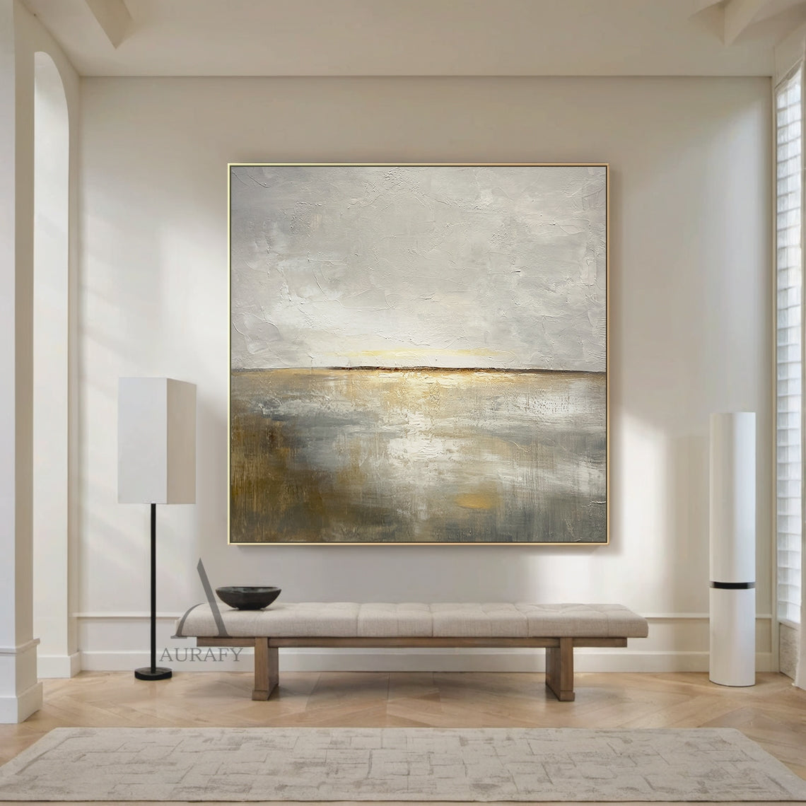 General abstract Japandi style palette knife impasto canvas wall art AURA625, with layered soft gray tones in upper section mimicking misty sky, warm beige and subtle golden ochre blended lower area evoking calm dawn shore, thin dark horizon line divides the neutral composition, thick raised textured strokes deliver rich tactile sense, ideal for modern Nordic minimalist interior decor.