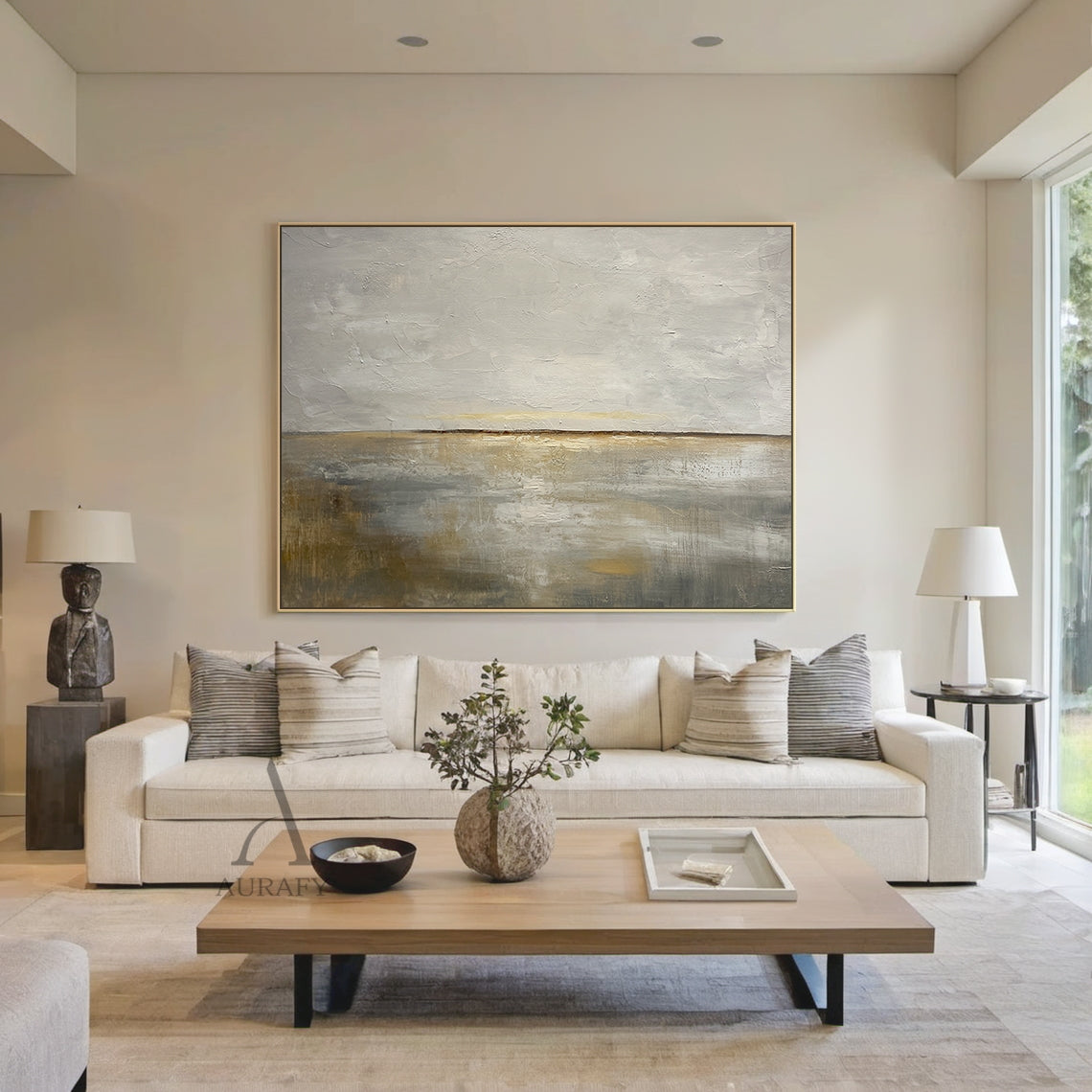 General abstract Japandi style palette knife impasto canvas wall art AURA625, with layered soft gray tones in upper section mimicking misty sky, warm beige and subtle golden ochre blended lower area evoking calm dawn shore, thin dark horizon line divides the neutral composition, thick raised textured strokes deliver rich tactile sense, ideal for modern Nordic minimalist interior decor.