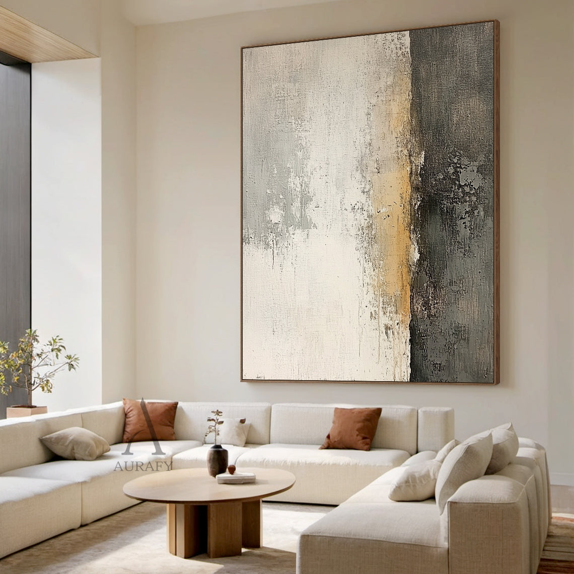 AURA638 Japandi Minimalist Wabi-sabi Abstract Textured Wall Art, real-scene display of this abstract expressionism artwork installed above the sofa in a warm Japandi-style living room with log furniture, with neutral color palette of off-white, layered light grey, soft beige and deep black, features visible vertical brush strokes, scuffed scratched mottled texture, thick pigment layers, grainy dark finish on the right section, no figurative elements, its calm understated textured aesthetic can perfectly int