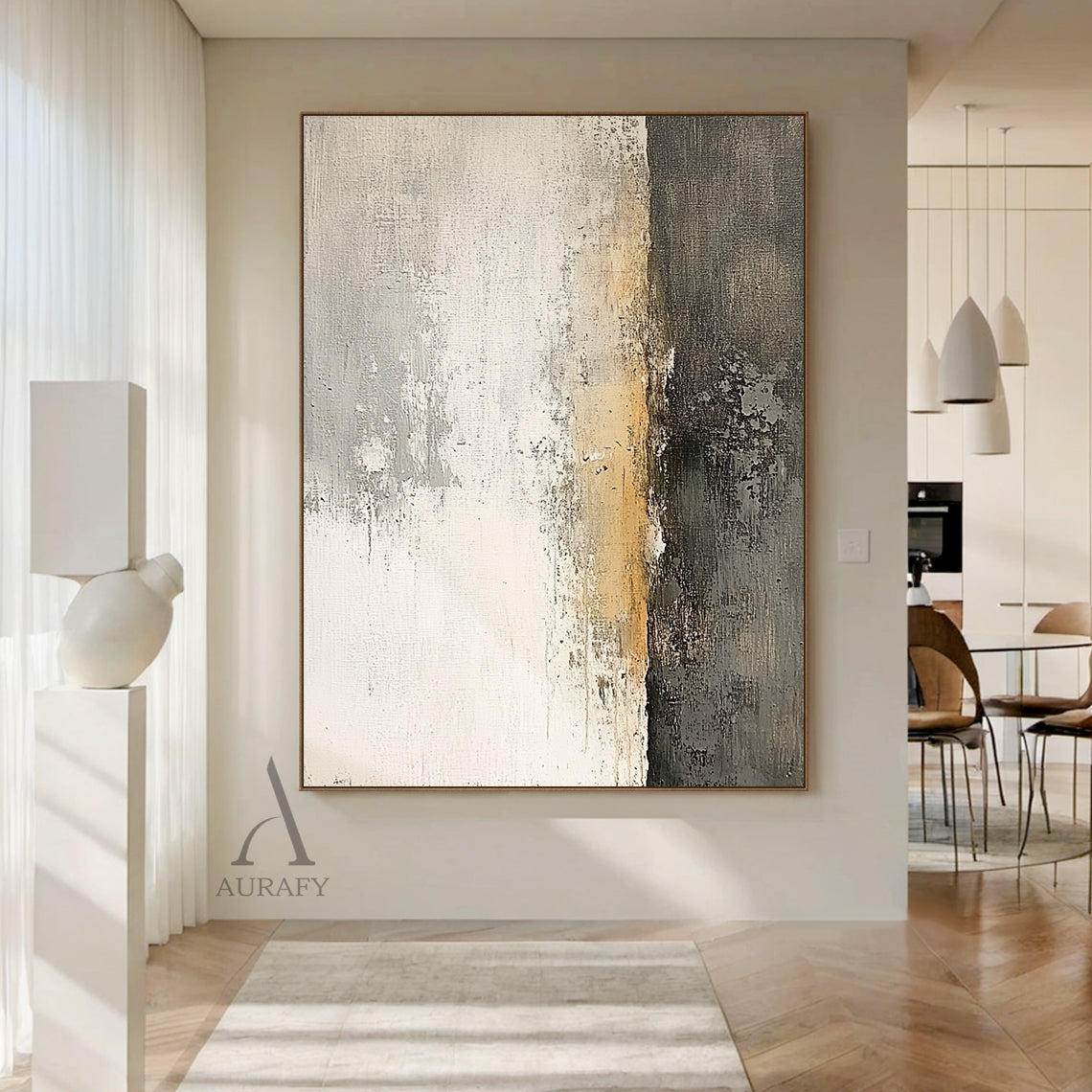 AURA638 Japandi Minimalist Wabi-sabi Abstract Textured Wall Art, general abstract expressionism artwork with neutral color palette of off-white, layered light grey, soft beige and deep black. Features visible vertical brush strokes, scuffed scratched mottled texture, thick pigment layers, grainy dark finish on the right section, no figurative elements, delivers quiet tranquil understated aesthetic for modern home decoration.