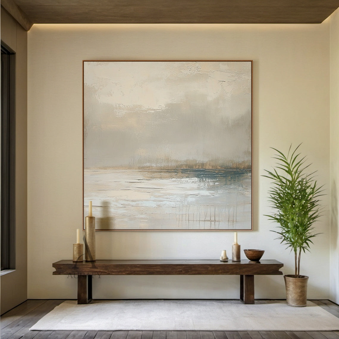 Abstract Gray Landscape Textured Plaster Impasto Scraped Japandi Minimalist Luxe Wall Art (AURA671). Upper part has mottled thick impasto scraped texture mimicking hazy mist and cloud layers, lower part adopts smooth strokes with faint vertical lines resembling calm water reflections. Color palette covers gradient grays, muted beiges, soft light browns with subtle cool blue accents in the lower reflective section, no sharp color contrast, delivers tranquil, serene misty natural scenery vibe, fits minimalist