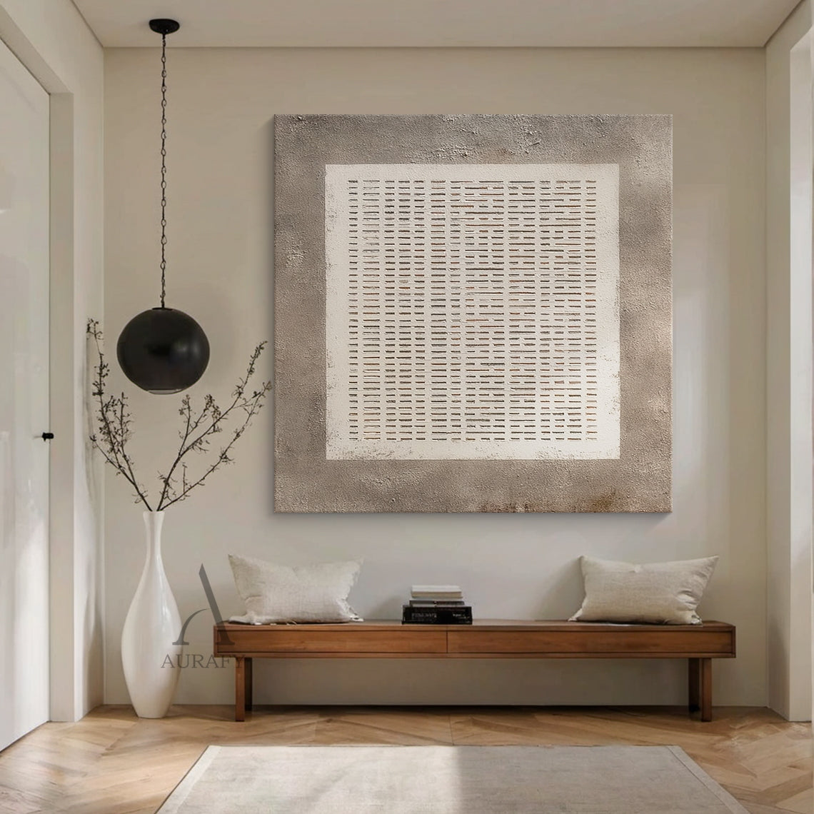 Abstract Gray Plaster Textured Wall Art AURA630: rough mottled gray plaster background, central white square with subtle hand-drawn uneven edges, filled with orderly arranged repeating horizontal short line grid, gaps between lines reveal the gray base, neutral monochrome gray and white color scheme, minimalist abstract decorative artwork suitable for Japandi, minimalist, industrial style residential and commercial interior decor.
