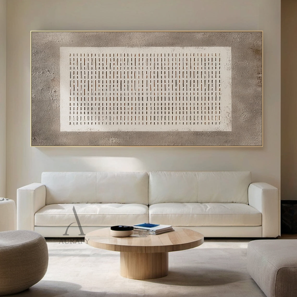 Abstract Gray Plaster Textured Wall Art AURA630: rough mottled gray plaster background, central white square with subtle hand-drawn uneven edges, filled with orderly arranged repeating horizontal short line grid, gaps between lines reveal the gray base, neutral monochrome gray and white color scheme, minimalist abstract decorative artwork suitable for Japandi, minimalist, industrial style residential and commercial interior decor.