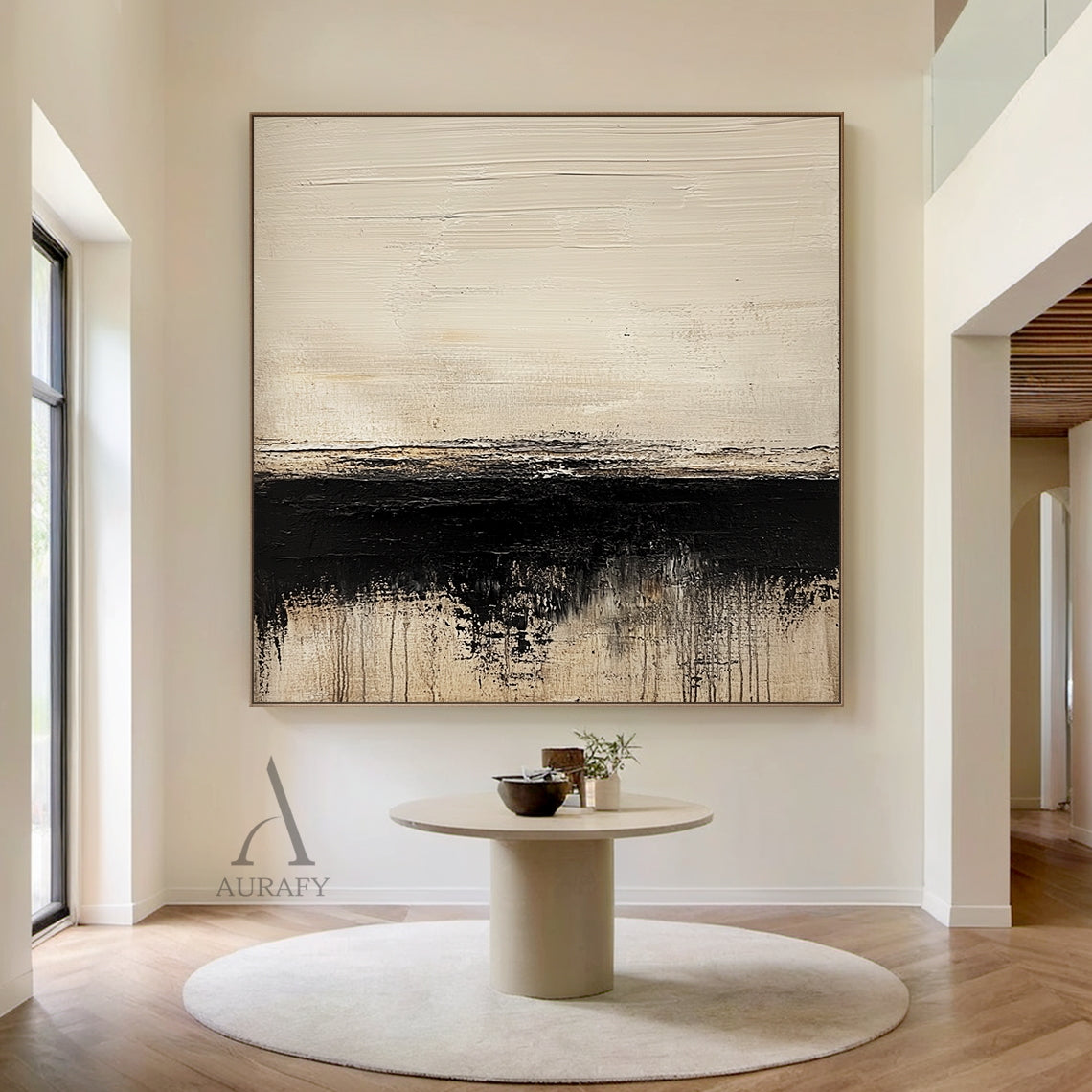 AURA643 minimalist Japandi abstract black beige canvas wall art, 3D tactile plaster textured painting with impasto knife strokes. Upper part is large beige area with rough horizontal brush texture, middle has an irregular blurred black strip dividing the visual space, lower section blends black and beige with dripping vertical stroke effects, neutral tone wabi-sabi abstract artwork for modern living room bedroom decor.