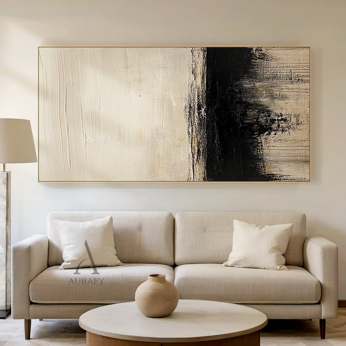 AURA643 minimalist Japandi abstract black beige canvas wall art, 3D tactile plaster textured painting with impasto knife strokes. Upper part is large beige area with rough horizontal brush texture, middle has an irregular blurred black strip dividing the visual space, lower section blends black and beige with dripping vertical stroke effects, neutral tone wabi-sabi abstract artwork for modern living room bedroom decor.