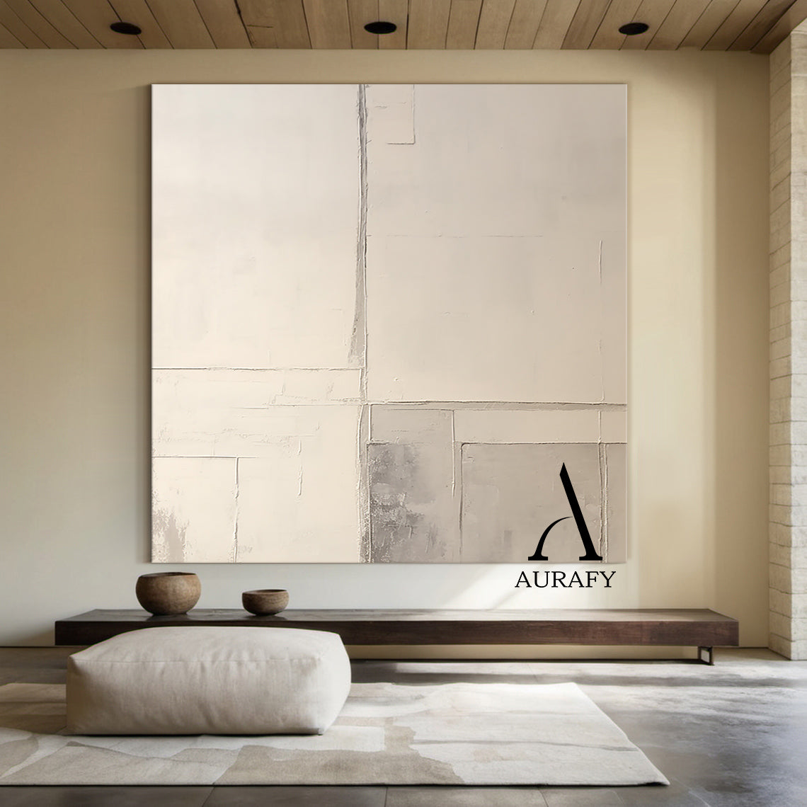 AURA550 minimalist Japandi geometric block wall art displayed on a warm living room wall beside a light wood sofa—beige base with light gray geometric blocks separated by thin lines, subtle plaster-like tactile texture. Neutral low-saturation tones complement the soft linen cushions, woven jute rug, and ceramic vase with dried branches, bringing understated elegance and a tranquil, earthy atmosphere to the space. Ideal for elevating Japandi-style decor in living rooms with natural harmony and calm modern ch