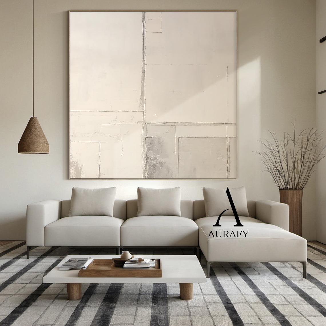 AURA550 minimalist Japandi geometric block wall art showcased in a cozy bedroom corner—beige base with light gray geometric blocks separated by thin lines, subtle plaster-like tactile texture. Neutral low-saturation hues harmonize with the soft linen bedding, wooden side table, and potted fern, infusing the space with understated sophistication and a serene, grounding vibe. Perfect for enhancing Japandi-inspired decor in bedrooms with organic balance and calm contemporary appeal.