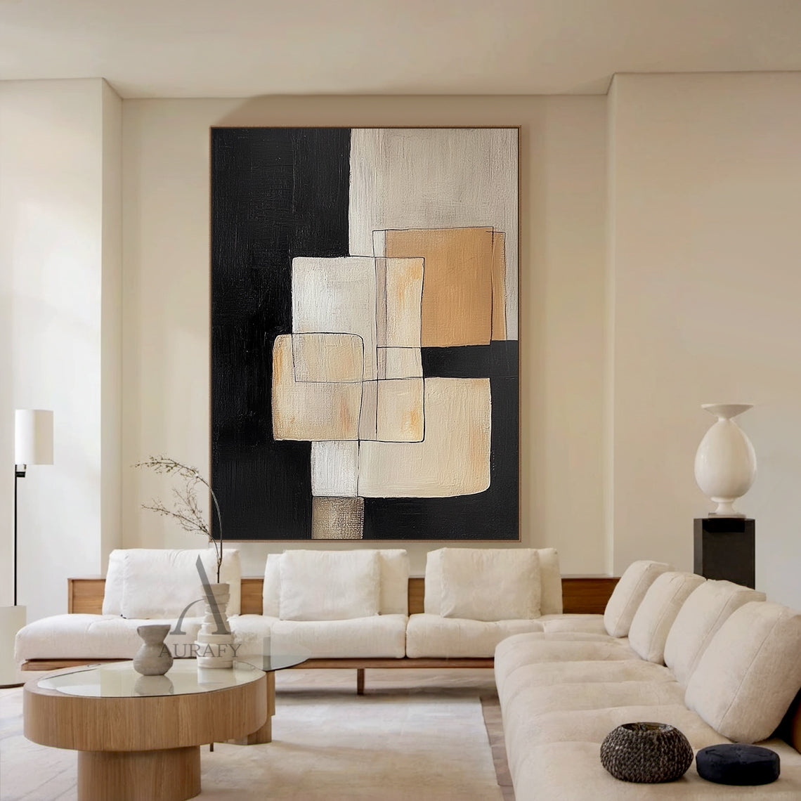 Hand-painted minimalist Japandi geometric abstract acrylic canvas wall decor (AURA645), features overlapping softened square and rectangular blocks in gradient neutral beige shades (off-white, light warm beige, khaki, brown-toned beige) paired with high-purity black blocks as base and segmentation, outlined by thin casual black lines with no sharp edges, has clear hand-painted knife stroke textured thick paint layers, low-saturation soft muted neutral color palette.