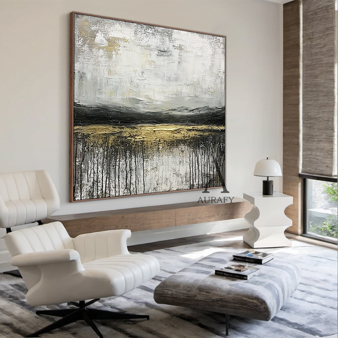 Minimalist Modern General Abstract Wall Art AURA253 - 3D impasto texture with vertical drips, soft white base transitioning to warm off-whites, deep black horizontal bands & shimmering gold stripe. Ideal for Japandi bedroom decor, minimalist sleep space focal point, or above a low-profile wooden bed. Neutral palette complements linen bedding & rattan accents, adding serene sophistication to cozy luxury interiors. Hung in portrait orientation in a tranquil Japandi bedroom, highlighting tactile depth and unde