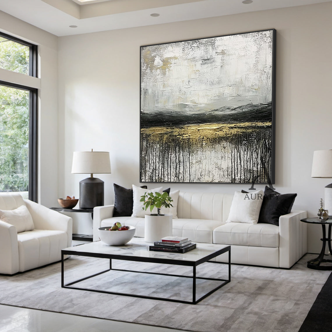 Minimalist Modern General Abstract Wall Art AURA253 - 3D impasto texture with vertical drips, soft white base transitioning to warm off-whites, deep black horizontal bands & shimmering gold stripe. Ideal for modern minimalist living room decor, statement focal point above a light gray linen sofa, or paired with a sleek marble coffee table. Neutral palette complements muted terracotta throw pillows, wooden accent shelves & matte black decor pieces, bringing serene elegance to contemporary cozy spaces. Hung i