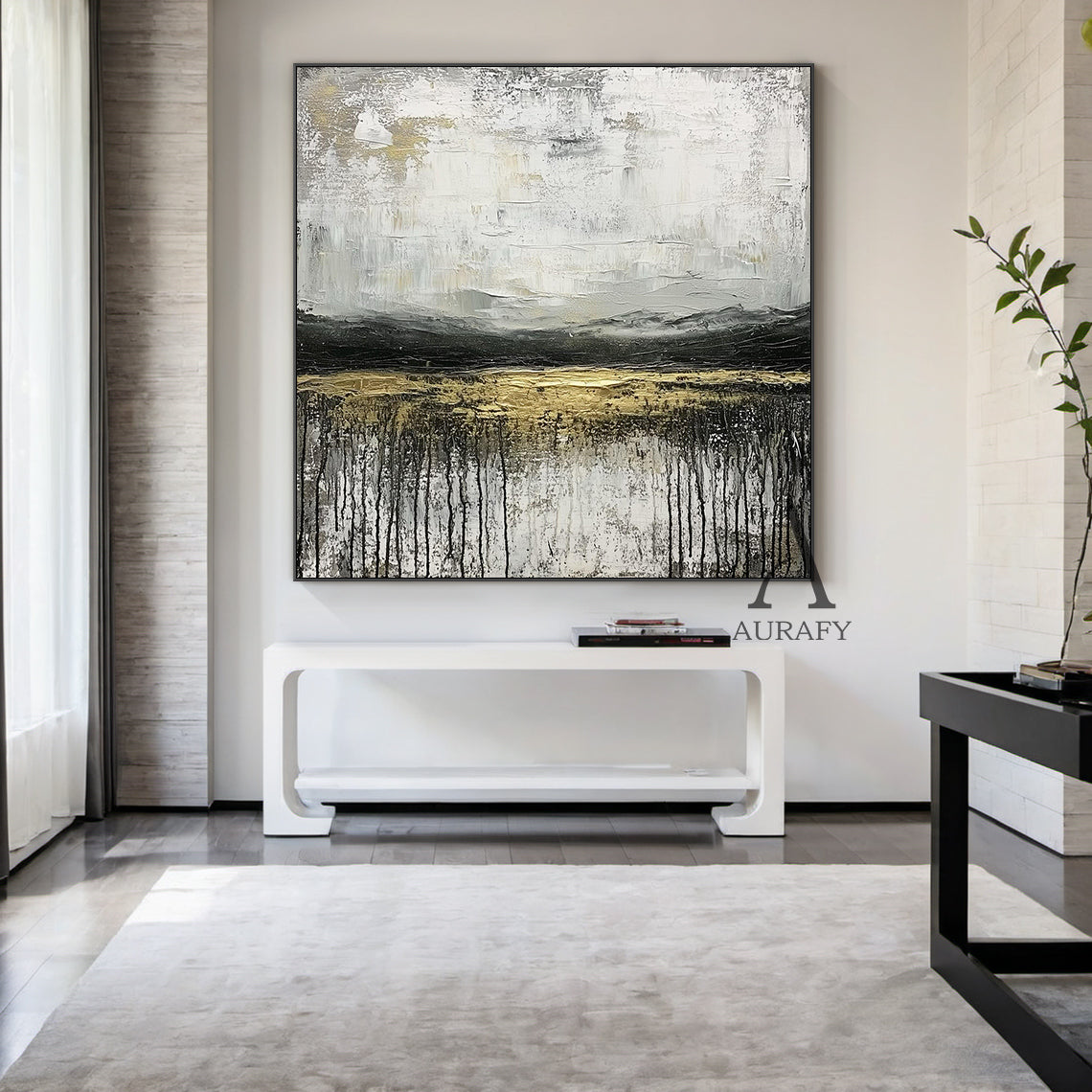 Minimalist Modern General Abstract Wall Art AURA253 - 3D impasto texture with vertical drips, soft white base transitioning to warm off-whites, deep black horizontal bands & shimmering gold stripe. Ideal for modern minimalist living room decor, statement focal point above a light gray linen sofa, or paired with a sleek marble coffee table. Neutral palette complements muted terracotta throw pillows, wooden accent shelves & matte black decor pieces, bringing serene elegance to contemporary cozy spaces. Hung i